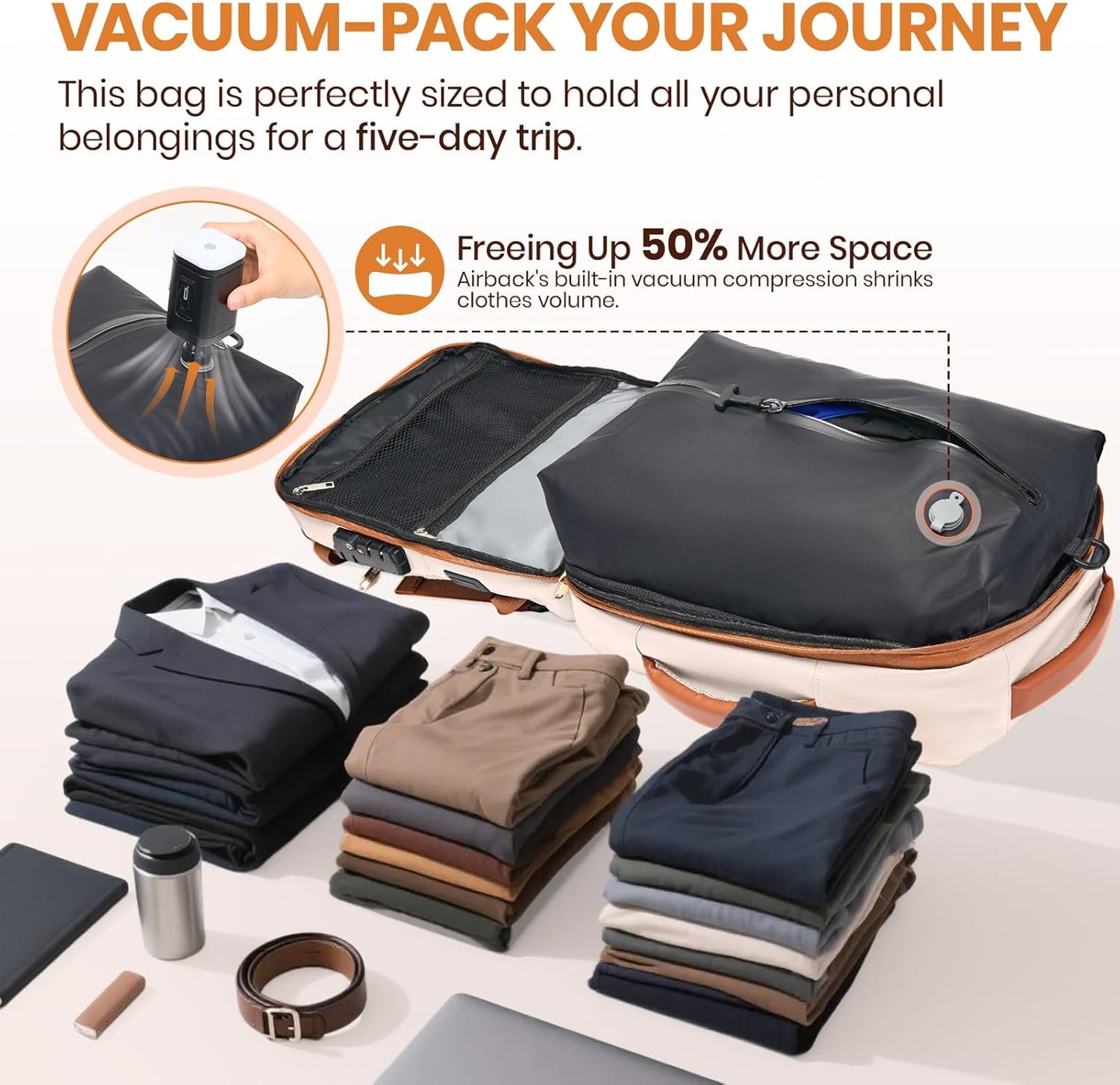 Fanwoli Vacuum Travel Backpack, Carry On Luggage with TSA Lock & Anti Theft Zipper, Expandable Airback with Compression Pump, Waterproof Laptop Bag Ideal for Flight & Business