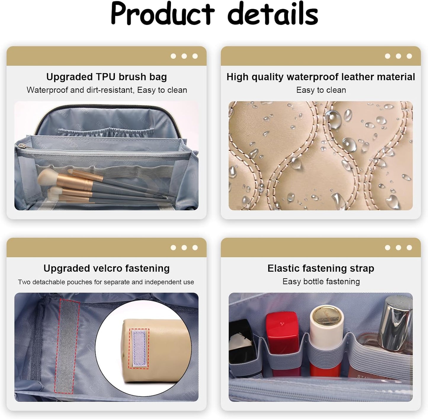 BOYATU Travel Makeup Bags for Women Cosmetic Bag: Puffy Make up Bags Set of 3 - Vegan Leather Makeup Organizer - Waterproof Large Toiletry Bag with Compartments - Travel Essentials (H-2-Khaki)