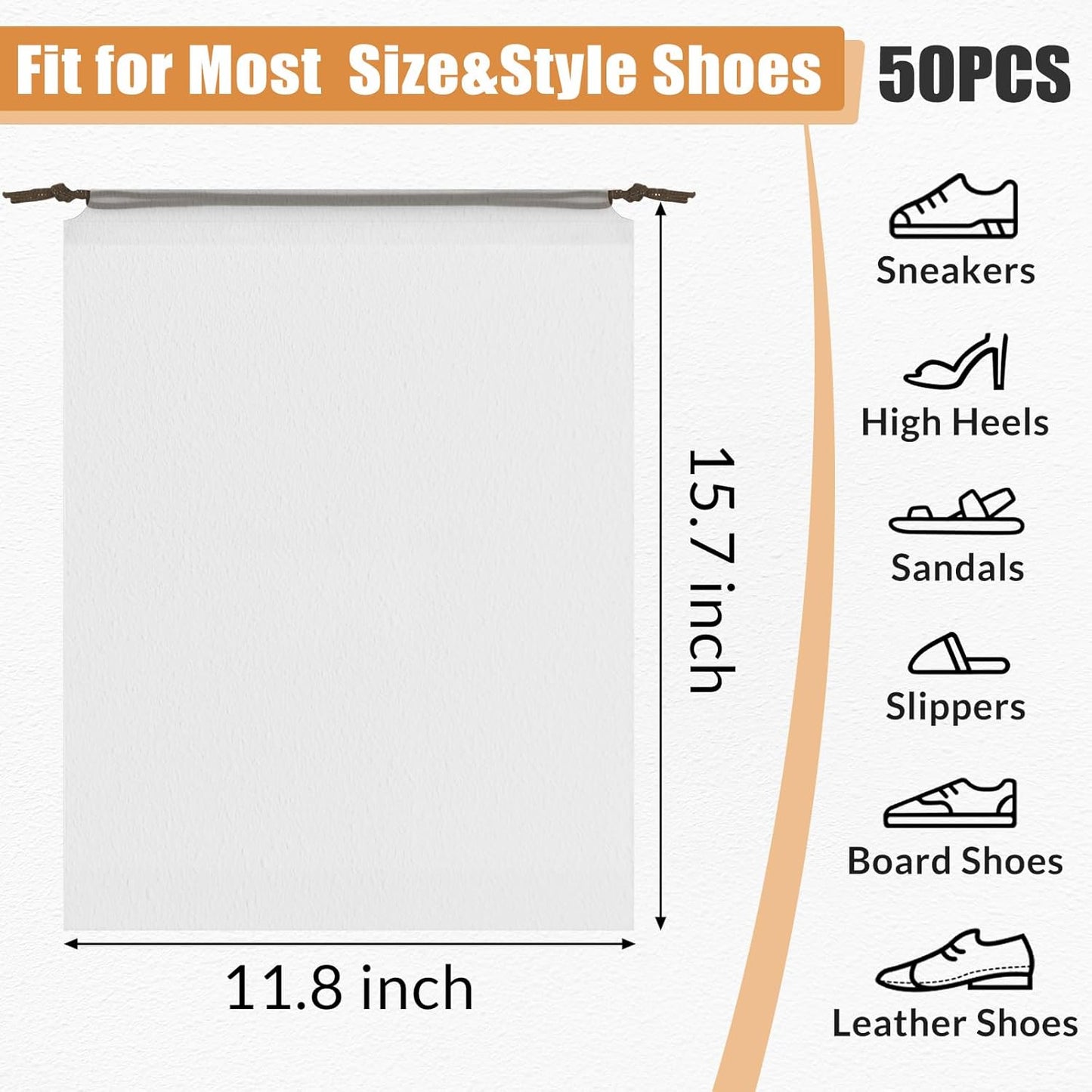 50pcs Clear Shoe Bags for Travel, 15.7" x 11.8" Waterproof Dust Bags with Drawstring, Portable Storage for Men and Women
