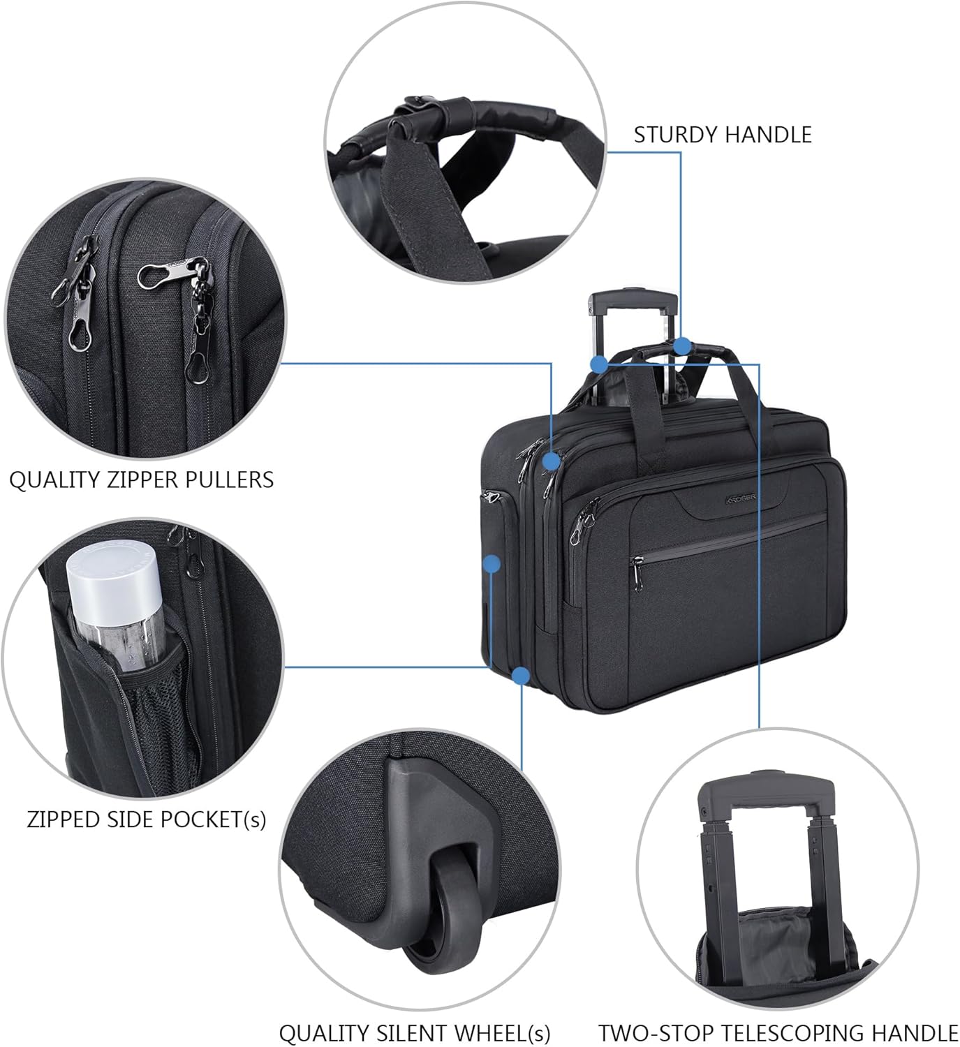 KROSER Rolling Laptop Bag Premium Wheeled Briefcase Fits Up to 17.3 Inch Laptop Overnight Roller Case Computer Bag with RFID Pockets for Travel/Business/Men/Women-Black