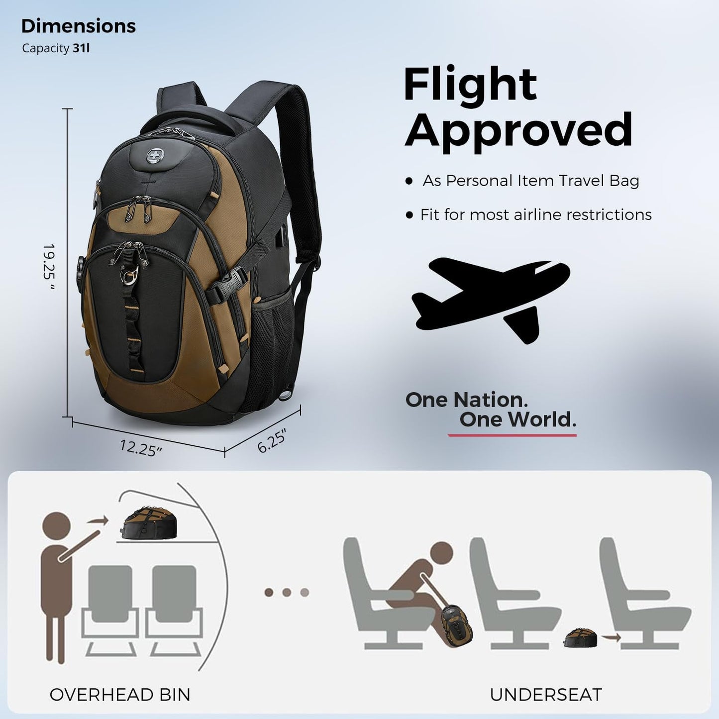 Swissdigital Design Laptop Backpack with USB Charging Port, Travel Backpack Fits 15.6 inches Computer, 31L College School Backpack for Men, Tan/Black | SD803