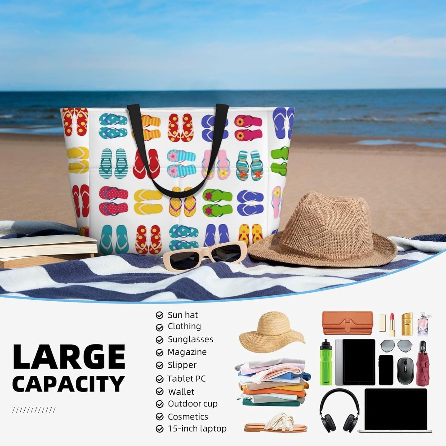 Large Travel Beach Tote Bag with Zipper Pockets Portable Lightweight Gym Bag Picnic Outdoor