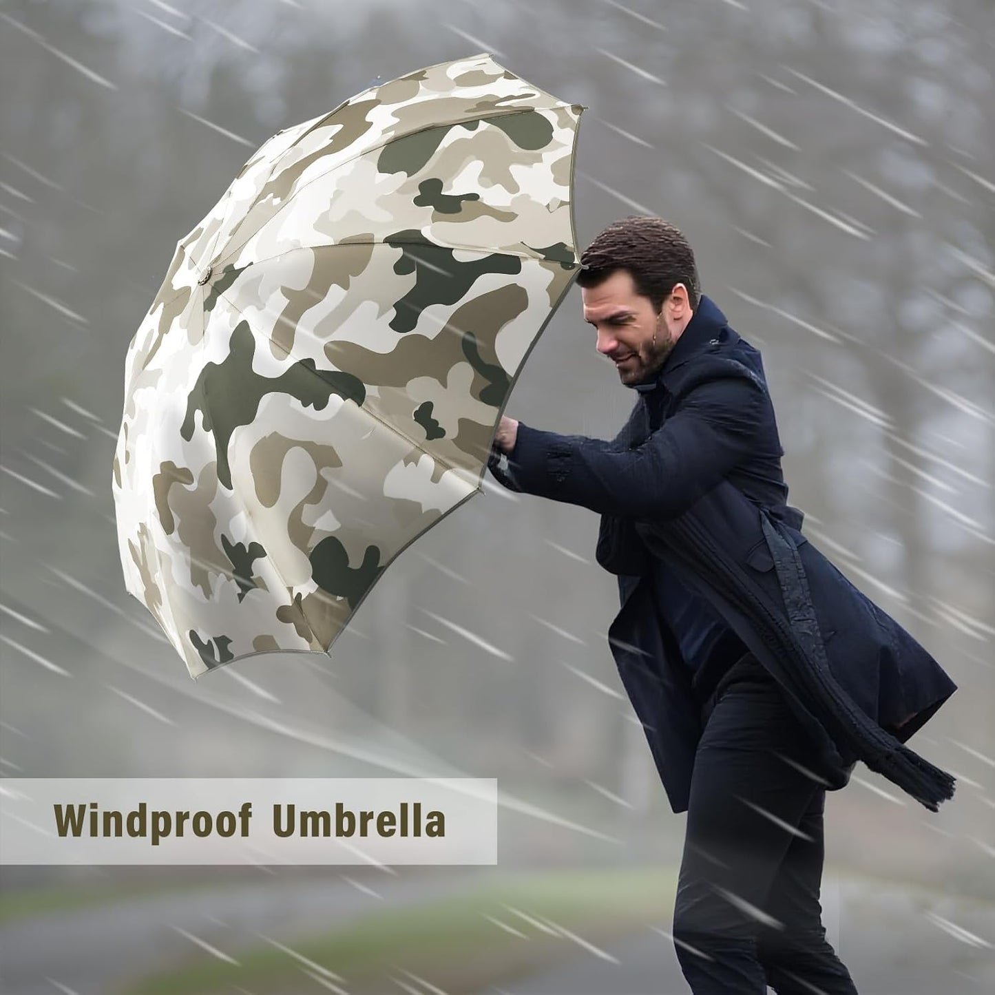 Large Windproof Travel Umbrella, Portable Reverse Folding Rain Umbrella for Car,Women and Men, Durable, Compact Inverted Design with Camouflage Canopy, Fits Backpack, 41.5/13 Inch, Automatic