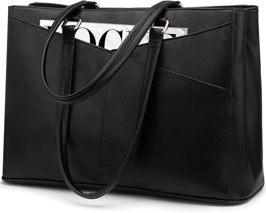 LOVEVOOK Laptop Bag for Women 17.3 Inch Tote Bags Waterproof Leather Briefcase Computer Women Business Office Work Bag,Black