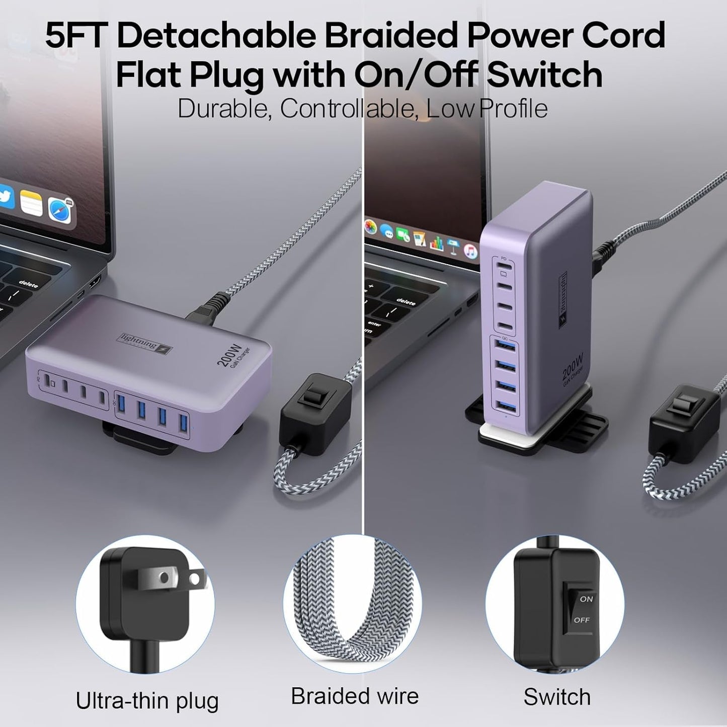 8-Port Type C Fast Charger Block 200W with Flat Plug, Braided Power Cord, and On/Off Switch- USB