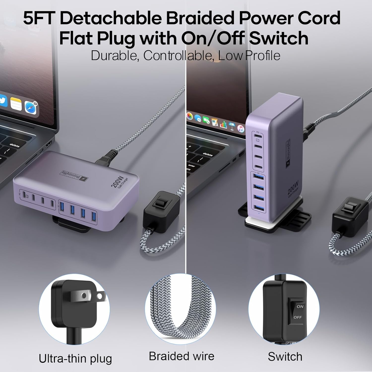 8-Port Type C Fast Charger Block 200W with Flat Plug, Braided Power Cord, and On/Off Switch- USB