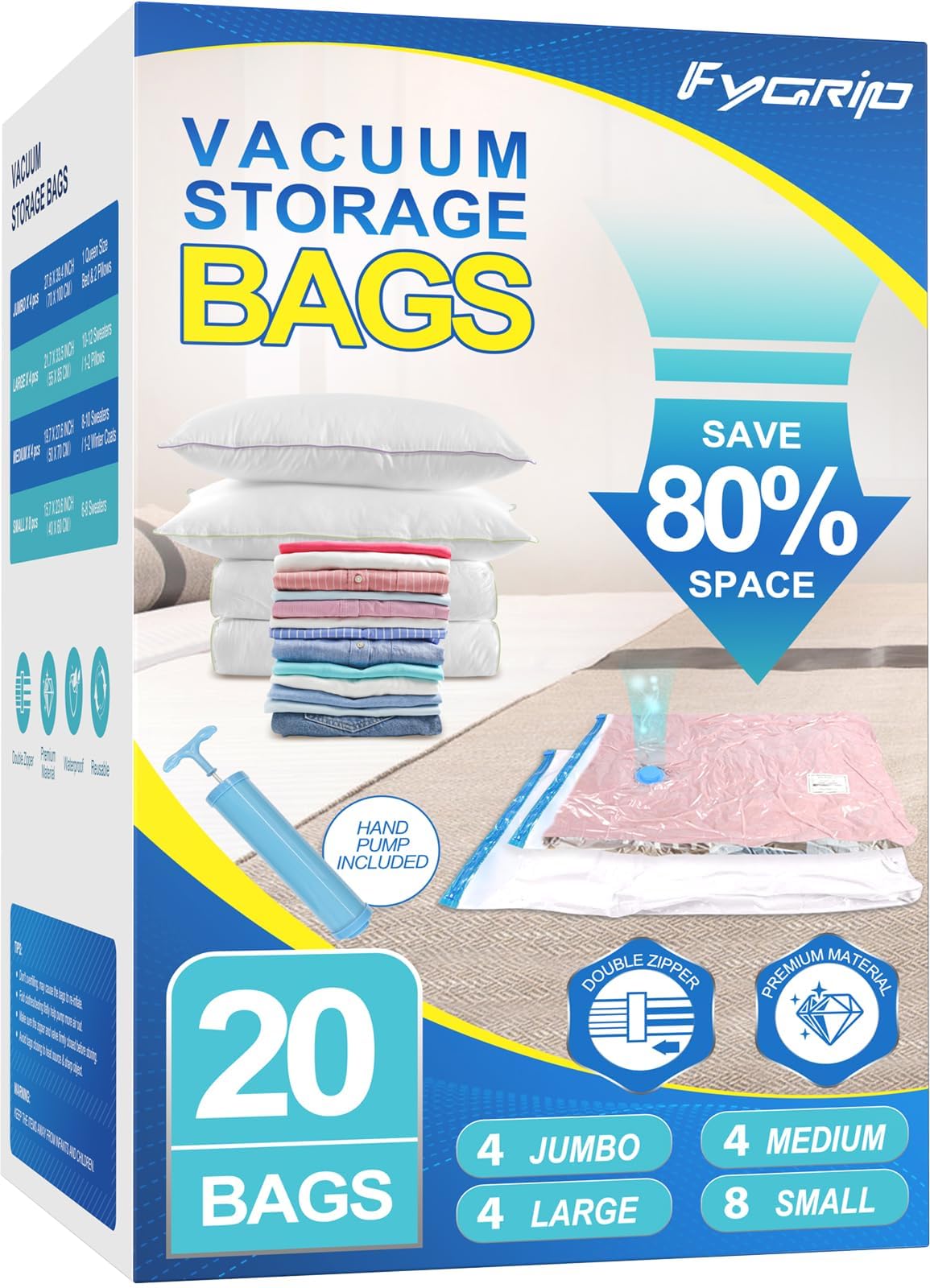 Fygrip 80% Space Saver Vacuum Storage Bags with Hand Pump, 20 Combo