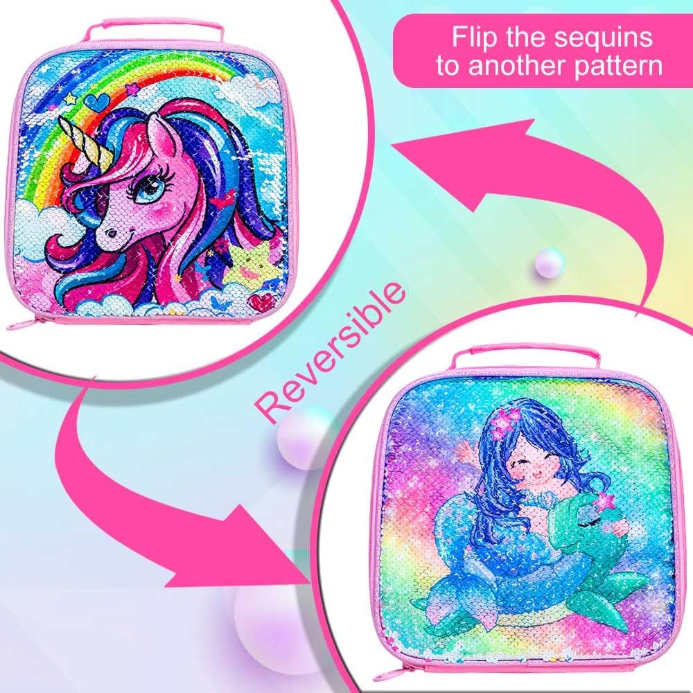 3PCS Unicorn Backpack, 16" Girls Rainbow Sequins Kids Bookbag with Lunch Box, School Bags for