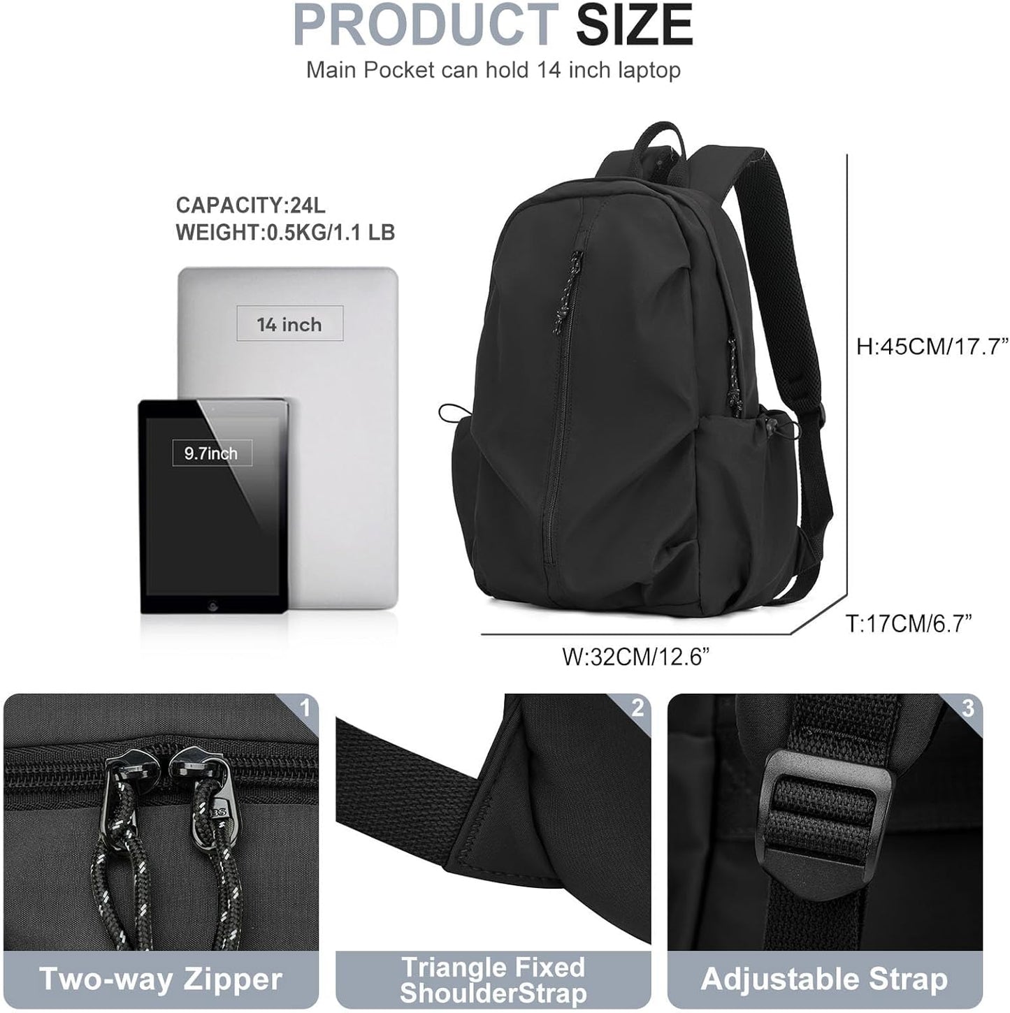 weradar Simple Black School Backpack For Women Men,Waterproof College Backpack,High School Bookbag For Teens Boys Girls,Lightweight Casual Daypack Travel Backpack