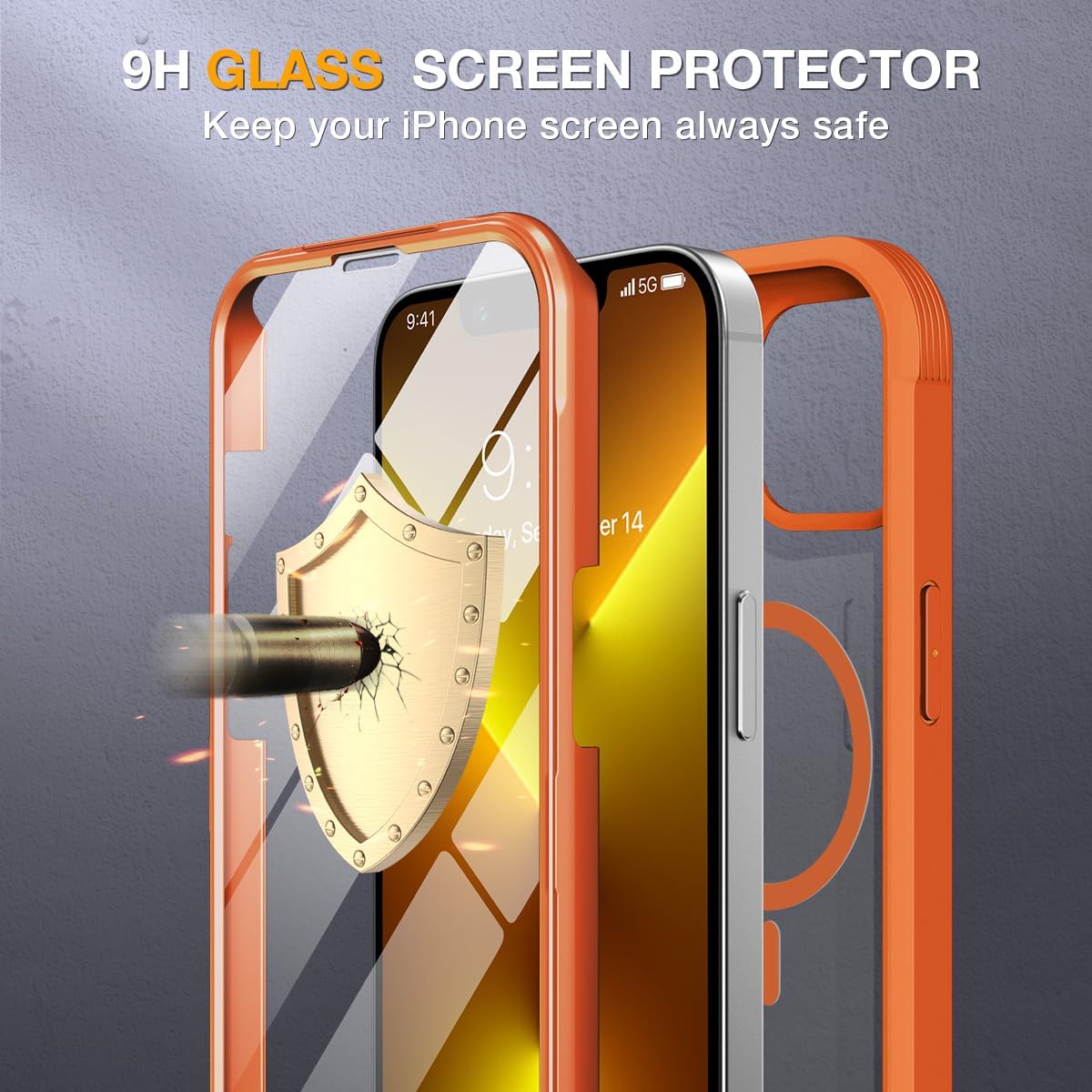 Miracase for iPhone 13 Pro Case 6.1",with MagSafe,Built in Screen Protector,Full-Body Protection(Orange)