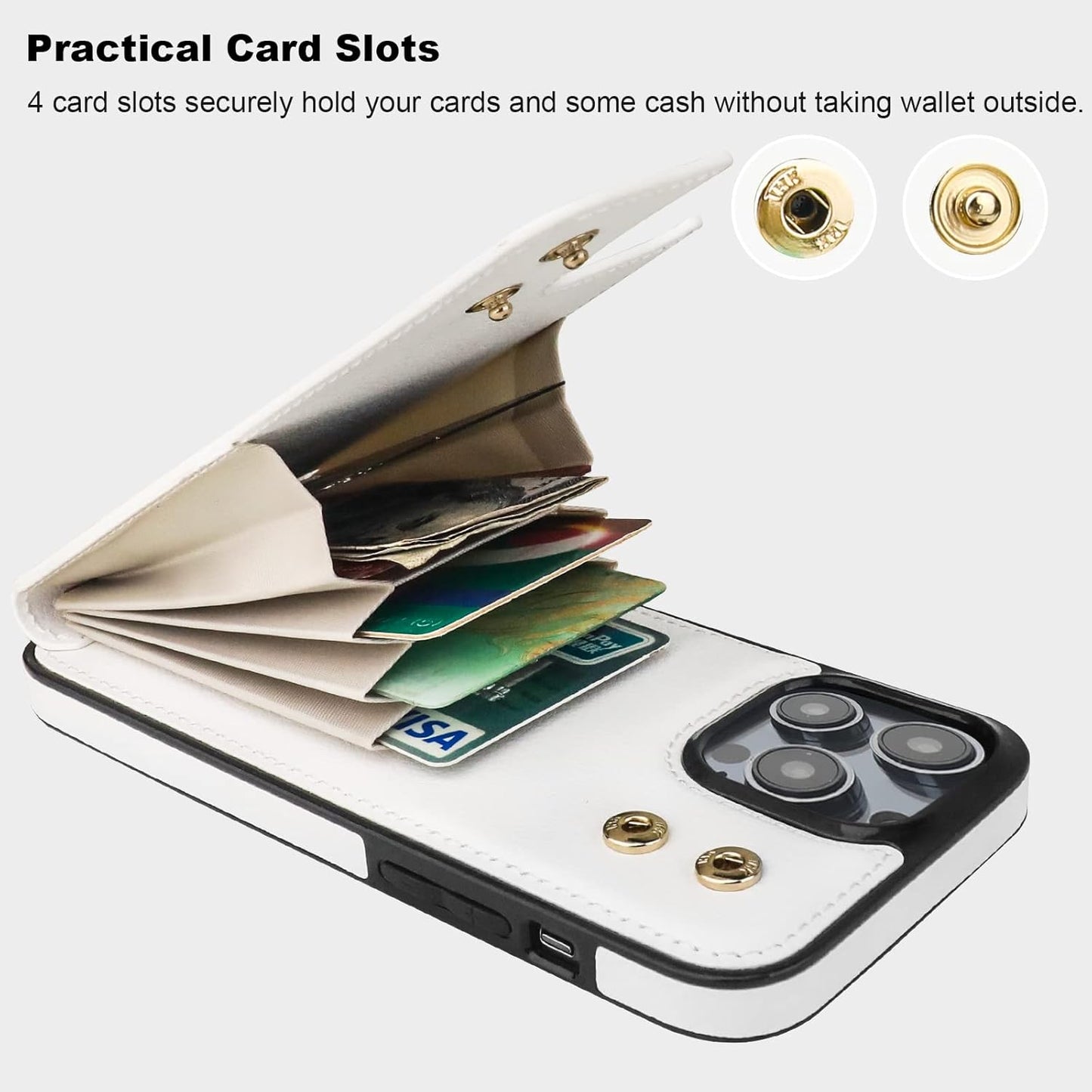Folosu Compatible with iPhone 14 Pro Case Wallet with Card Holder, 360°Rotation Finger Ring Holder Kickstand, RFID Blocking Leather Protective Double Buttons Shockproof Cover 6.1 Inch White