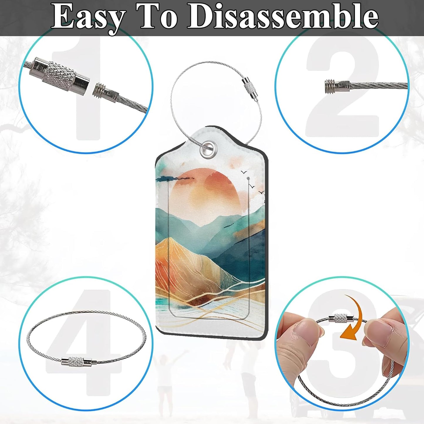 Abstract Mountains 2 Pack PU Leather Luggage Tags with Stainless Steel Loop, Watercolor Sunset and Mountains Travel Labels with Privacy Cover ID Label for Quick Spotting