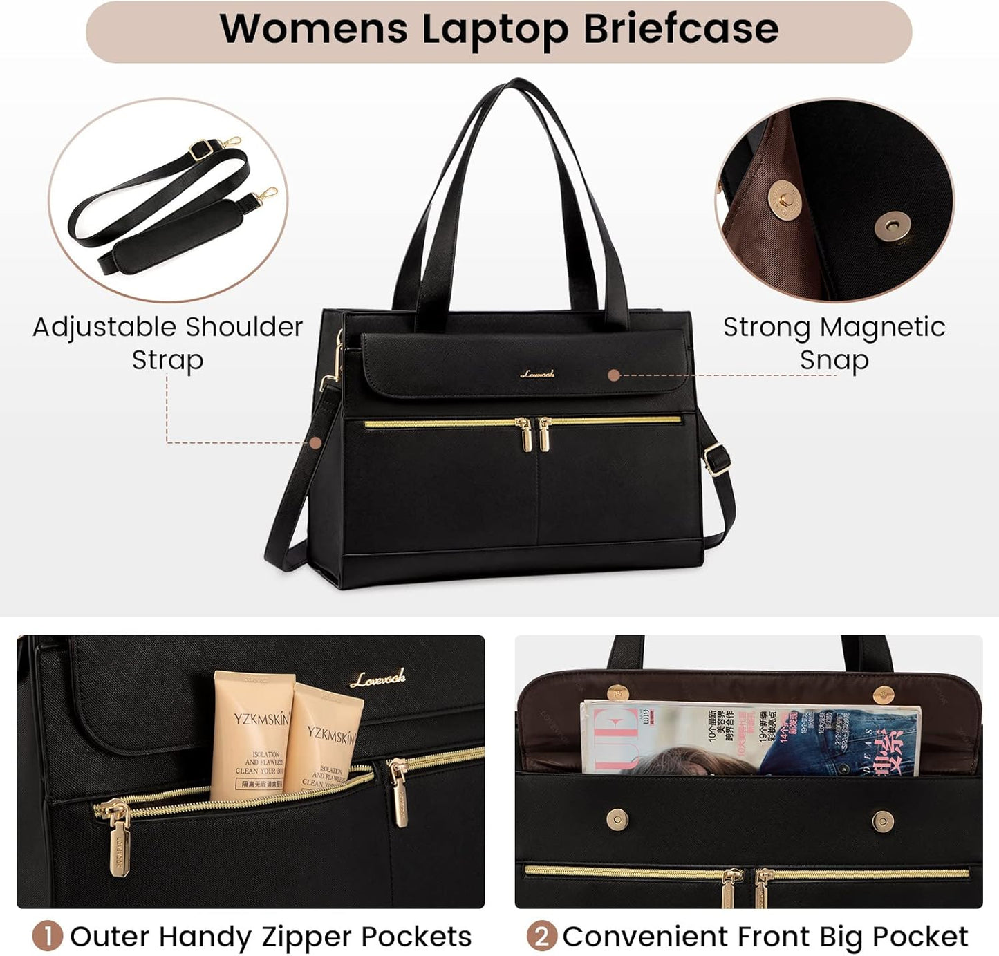 LOVEVOOK Laptop Tote for Women - 15.6 Inch Professional PU Leather Computer Briefcase, Waterproof Handbag, Large Capacity Business Teacher Office Bag, Crossbody Purse - Black