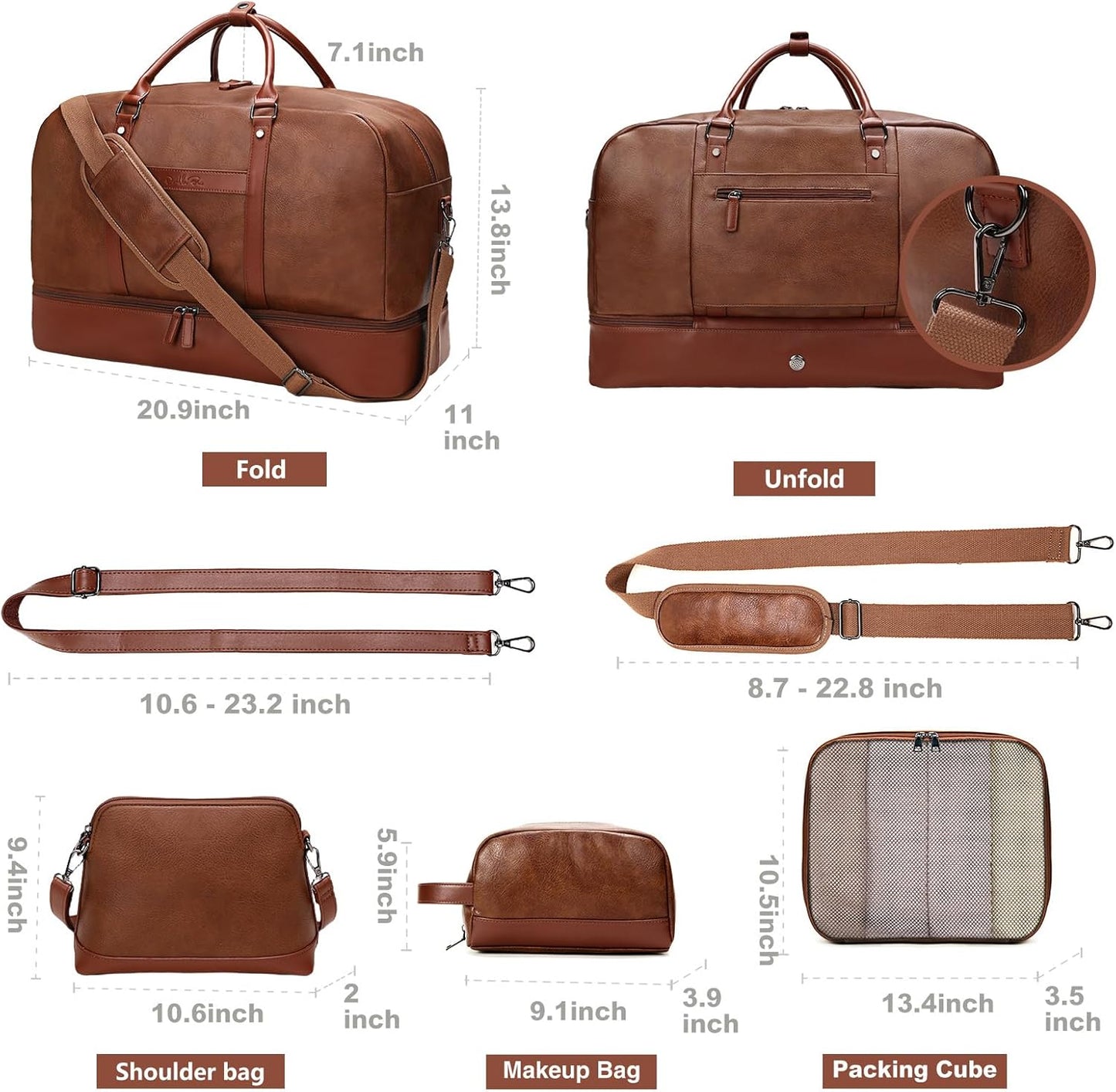 4PCS Duffle Bag for Travel, Weekender Overnight Bag for Women & Men, Large Leather Duffel Carry On with Shoe Compartment, Gym Sports Bag (Brown)