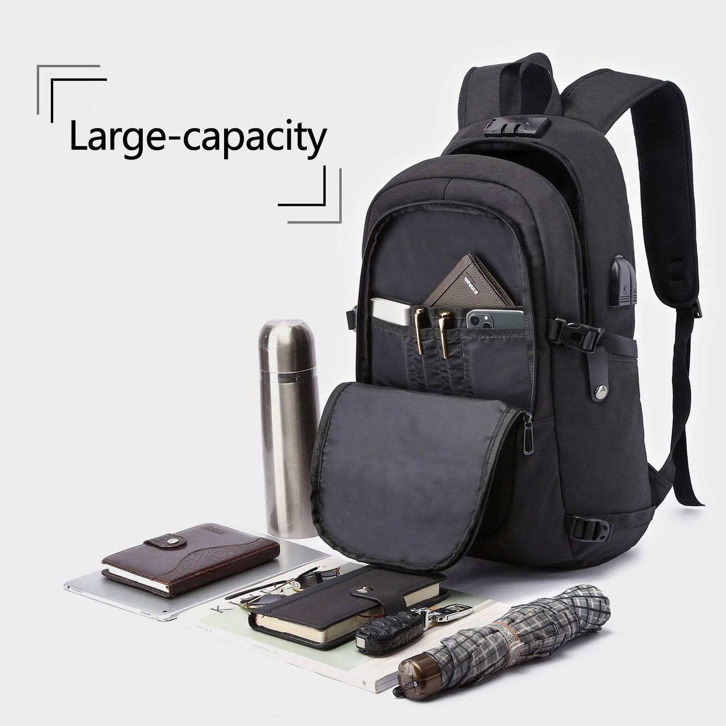 WENIG Anti-Theft Travel Laptop Backpack with USB Charging Port Lock,Water Resistant Slim Work
