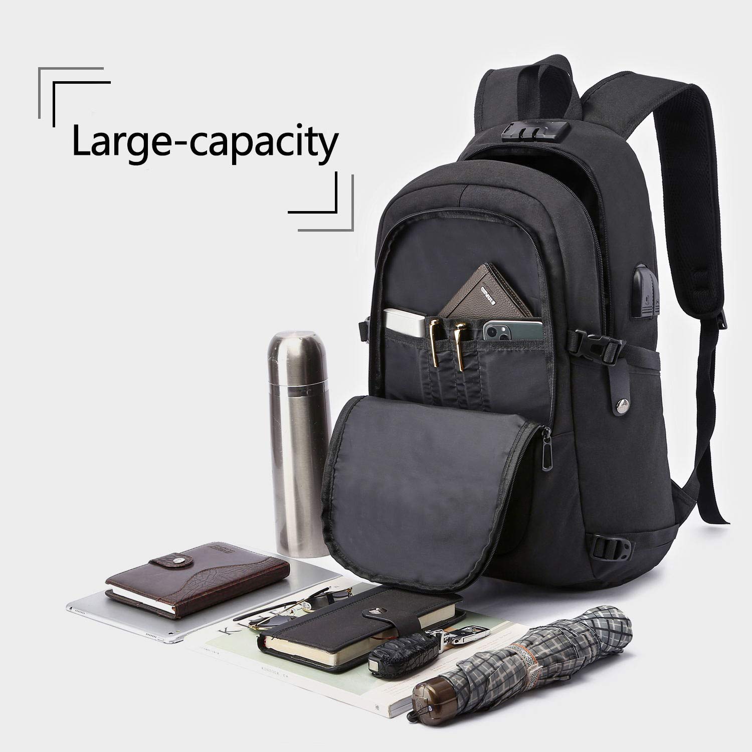 WENIG Anti-Theft Travel Laptop Backpack with USB Charging Port Lock,Water Resistant Slim Work