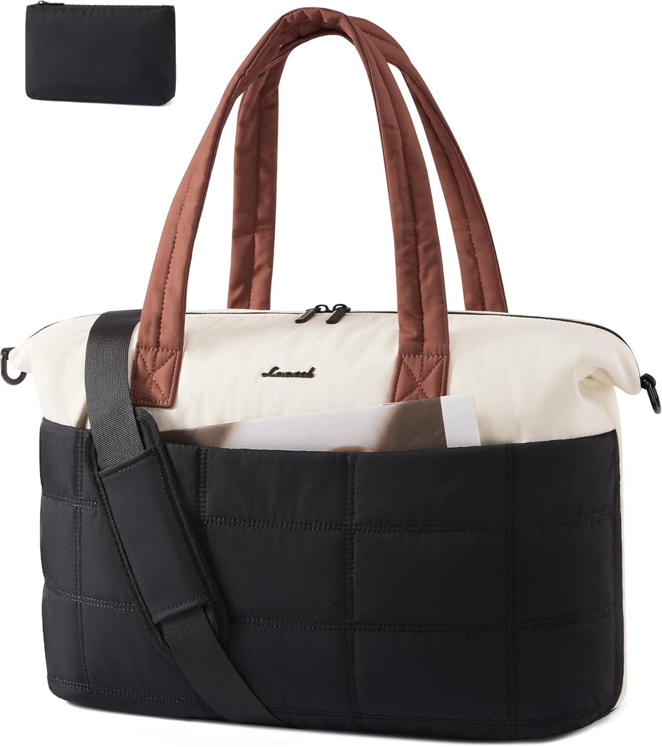 LOVEVOOK Quilted Duffle Bag for Travel,48L Gym Bag for Women with Wet Pocket,Water Resistant Weekender Overnight Bag Tote Bag for Women with Laptop Compartment(Black White Brown)