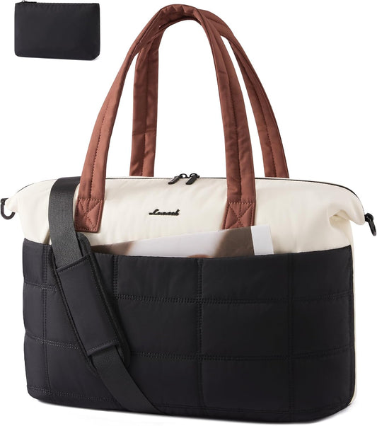 LOVEVOOK Quilted Duffle Bag for Travel,48L Gym Bag for Women with Wet Pocket,Water Resistant Weekender Overnight Bag Tote Bag for Women with Laptop Compartment(Black White Brown)