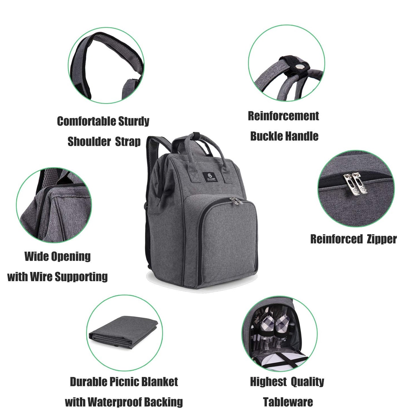 ALLCAMP Picnic Backpack, 2-Person Set with Blanket and Wine Holder, Gray