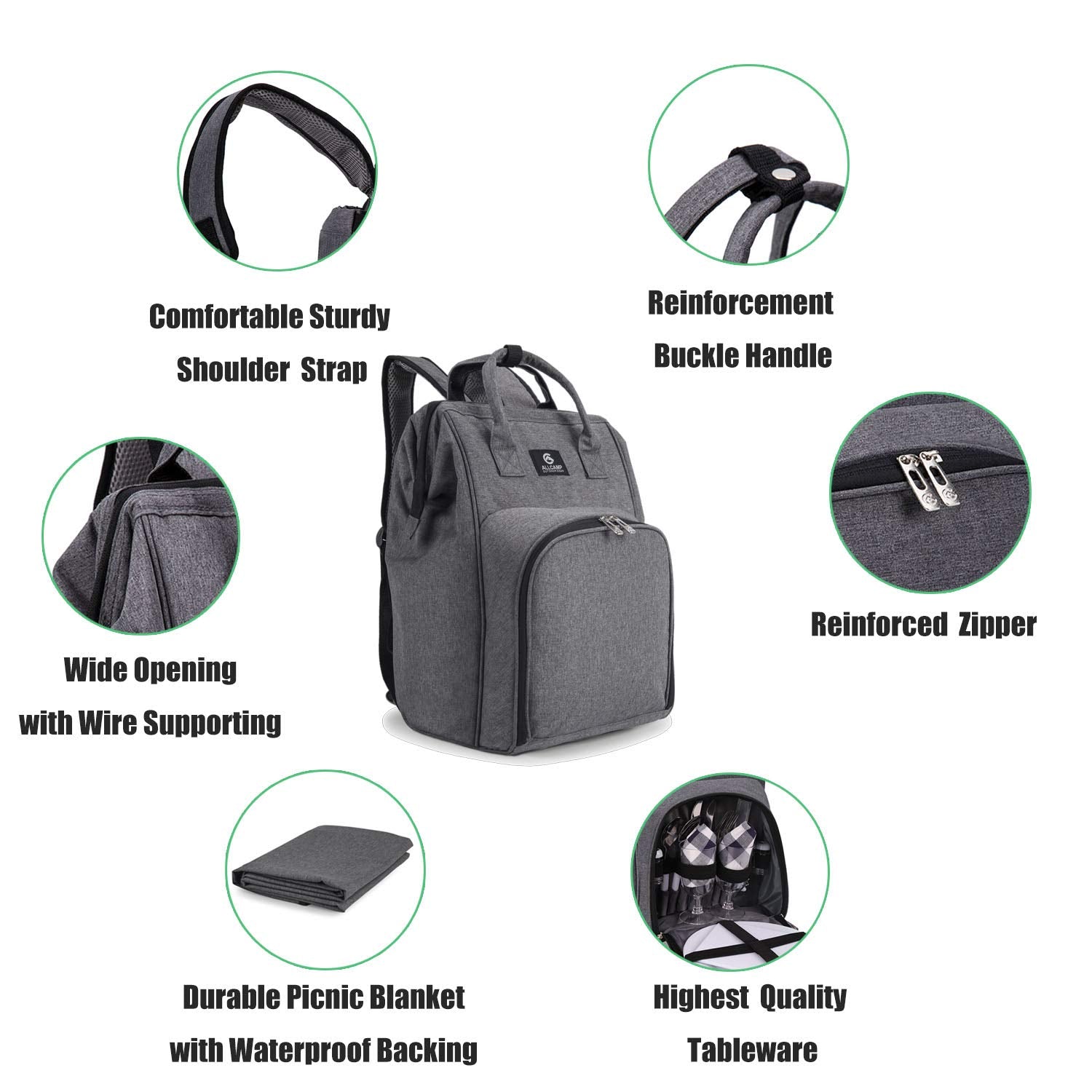 ALLCAMP Picnic Backpack, 2-Person Set with Blanket and Wine Holder, Gray