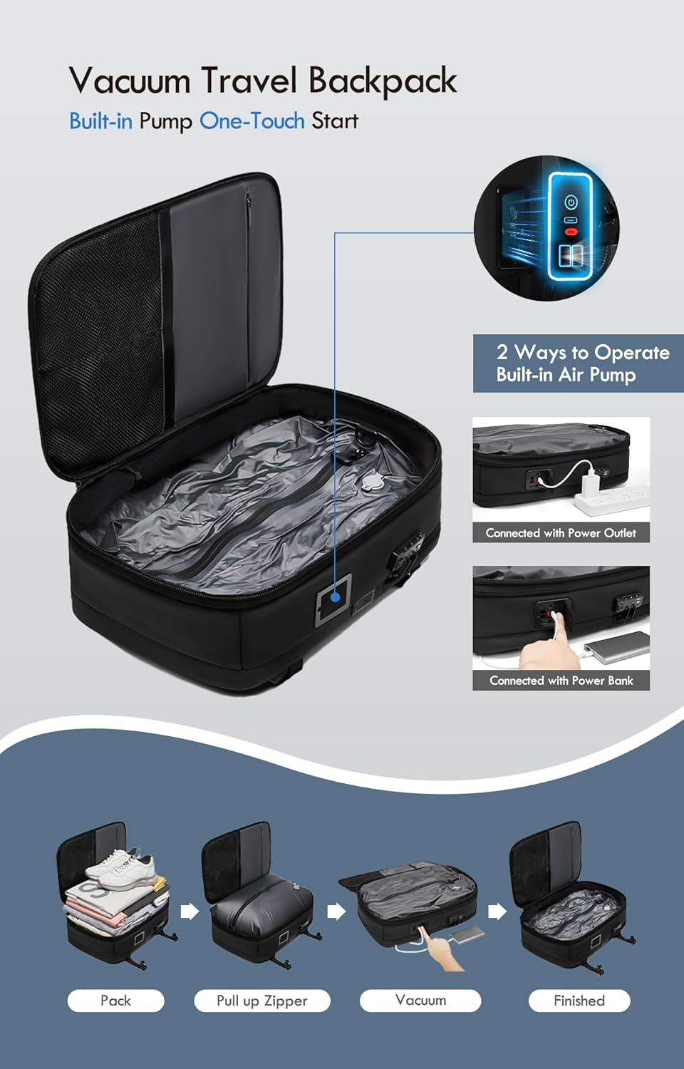 Vacuum Seal Backpack Travel with Built-in Pump 80L Expandable Travel Backpack with Vacuum System, TSA Lock Water Resistant Carry-On Backpack