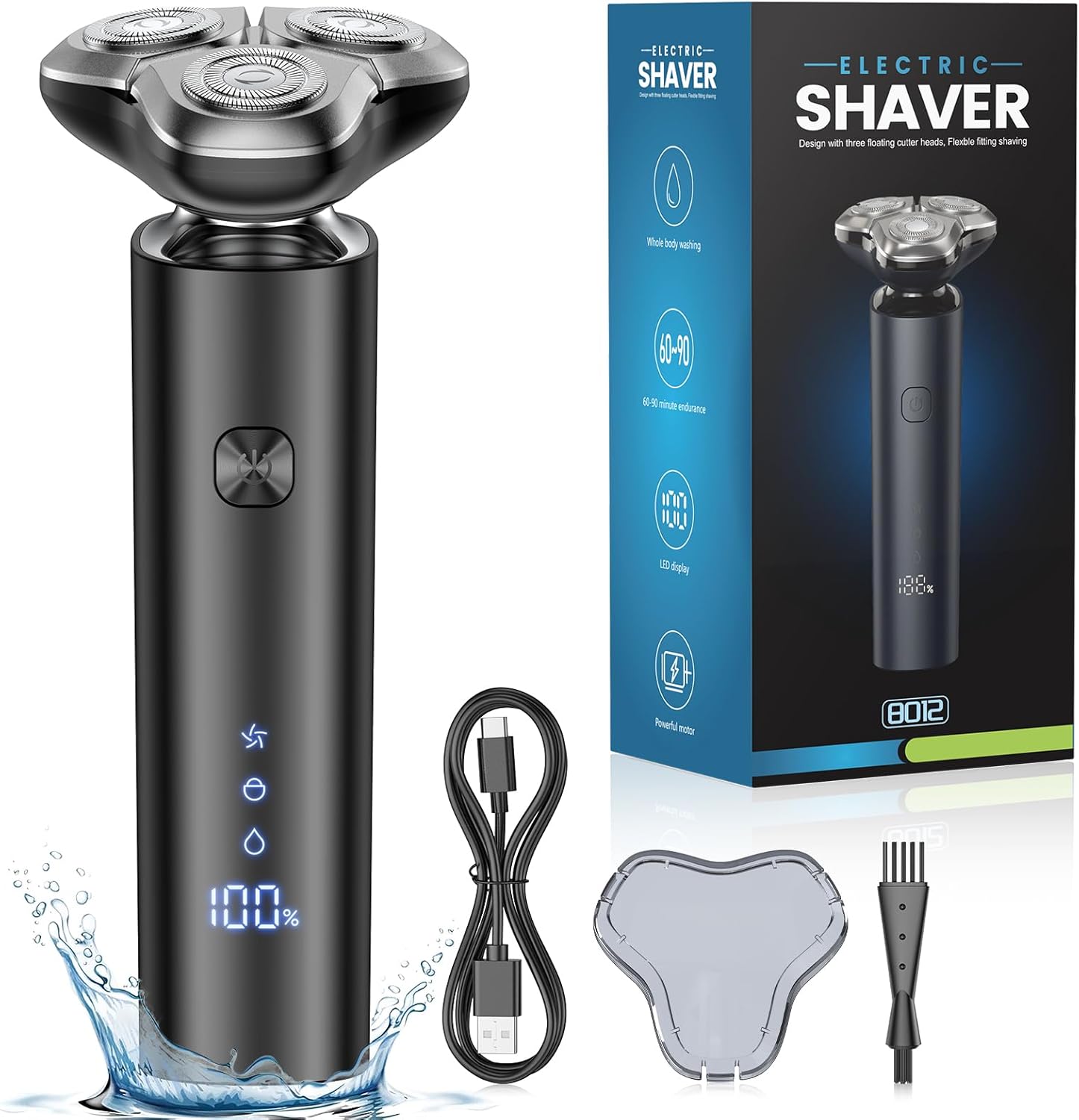 Electric Razor for Men, Men's Electric Shaver, 3-Blade Rotary Shaving System, Touch Switch, Type-C