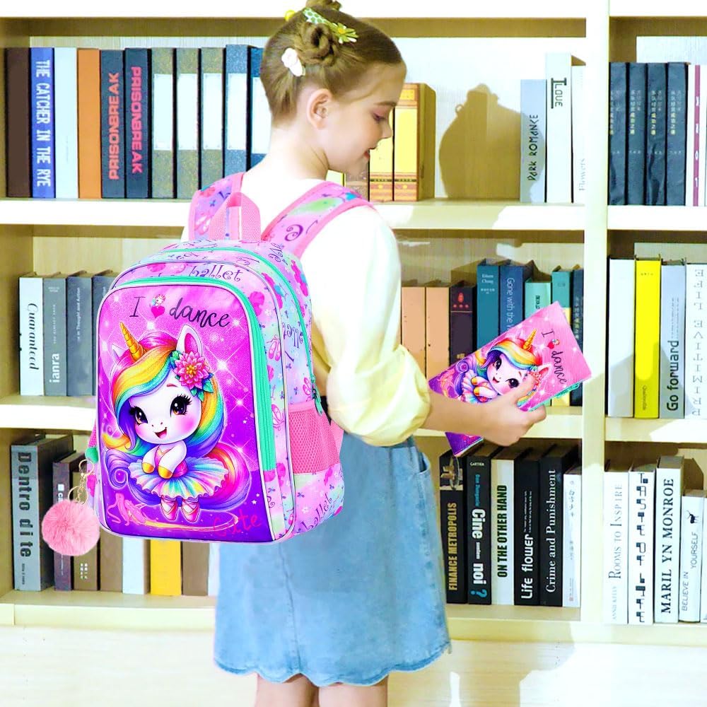 CCJPX 3PCS Unicorn Backpack for Girls, 16 Inch Kids Water Resistant Preschool Bookbags with Lunch Box, Cute Ballet Elementary School Backpacks for Kindergarten Toddler Travel