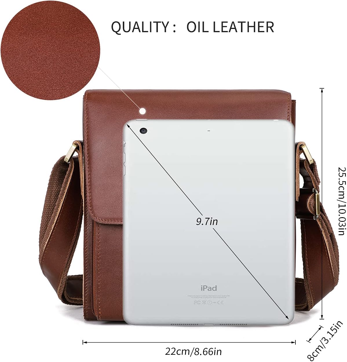 Augus Leather Messenger Crossbody Shoulder Bag for Men Work Business Casual Adjustable straps With
