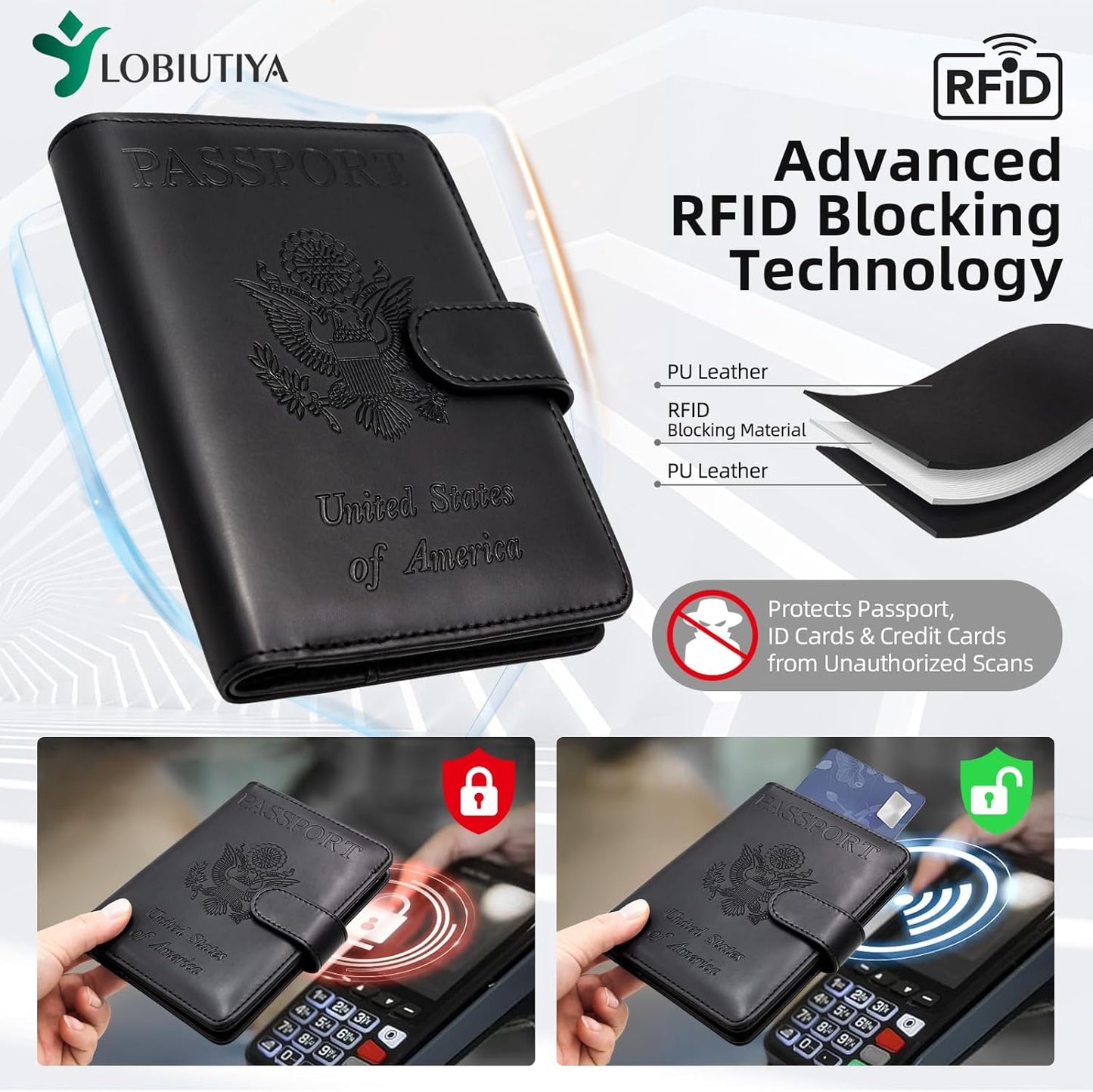 Passport Holder For Travel with Slot for AirTag & Luggage Tag Cover – RFID Blocking Travel Passport Wallet for Women/Men/Family | PU Leather Passport Case with Extra Money Pocket, Black