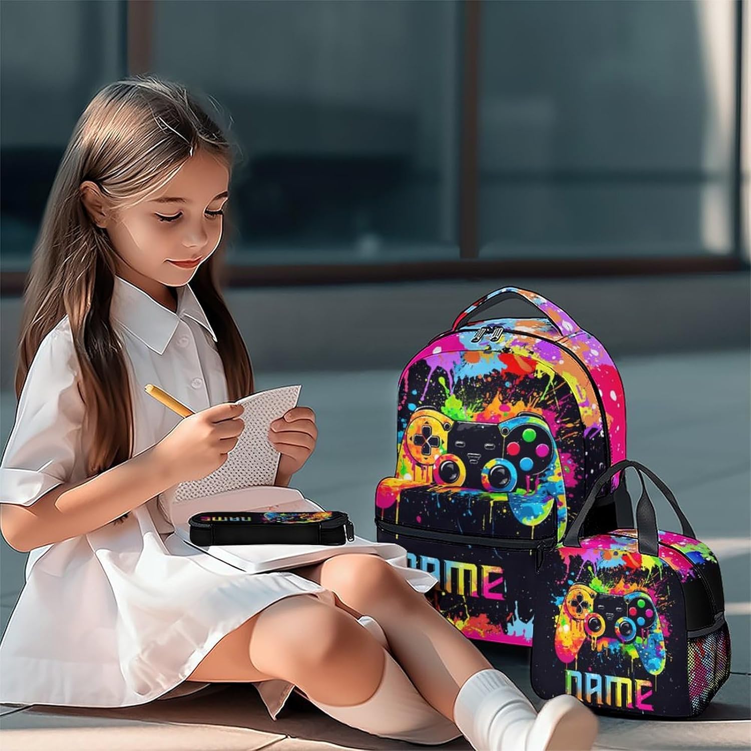 Mercuryelf Backpack and Lunch Box Set - 17 Inch Gamer Boys Bookbag with Lunch Bag and Pencil for