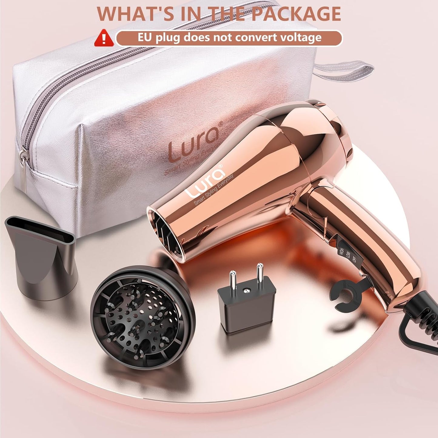 LURA Mini Portable Travel Hair Dryer:Dual Voltage Small Lightweight Blow Dryer with EU Plug,1200W Compact Hairdryer with Folding Handle,with Concentrator&Diffuser Attachment,for Women and Men