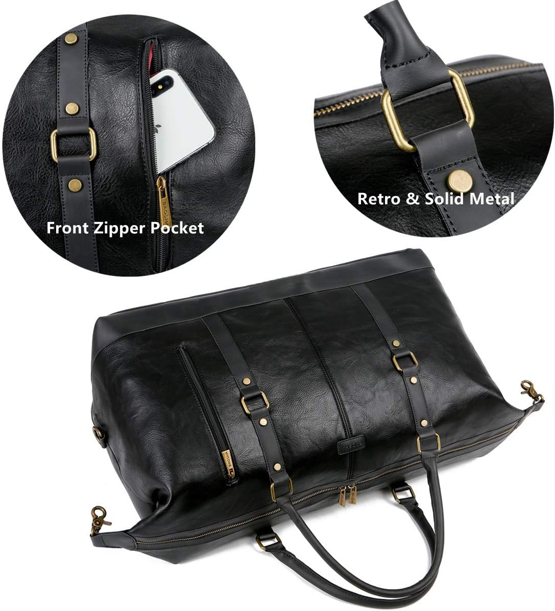 BAOSHA Faux Leather Travel Duffel Tote Bag Overnight Weekender Bag for Men and Women HB-14 (Black)