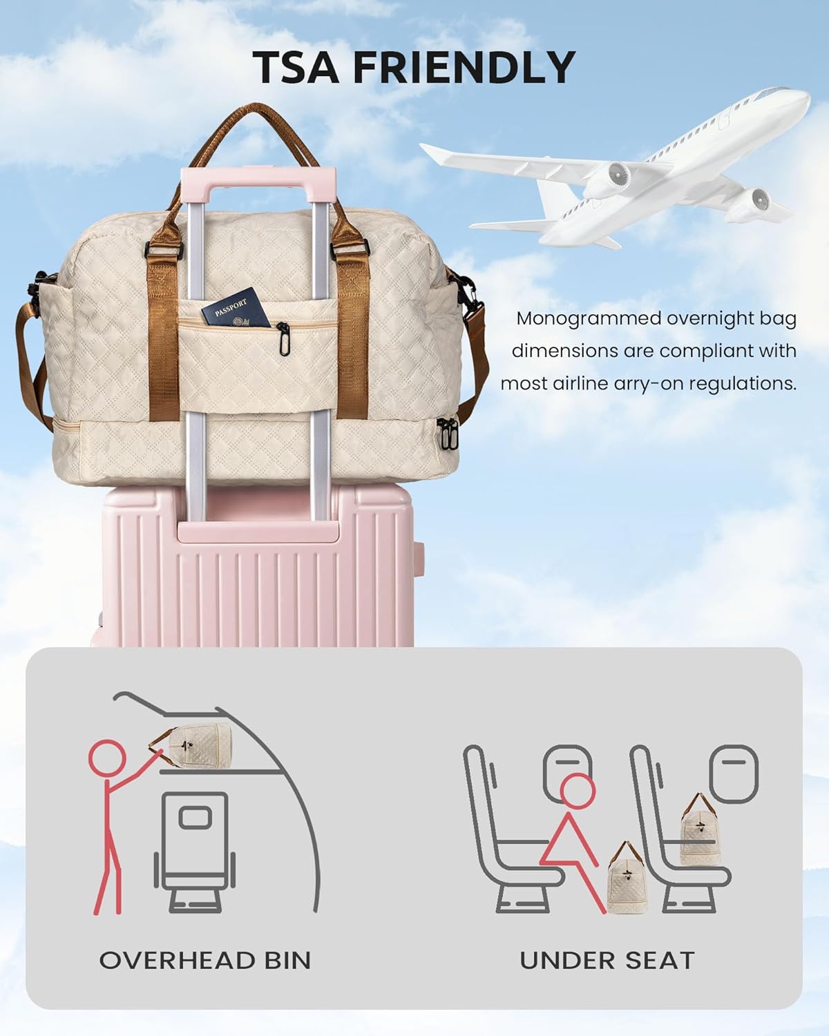 Personalized Initial Duffle Travel Bag, Monogram Weekender Overnight Bag for Women with Wet Pocket and Shoulder Strap, Female Travel Bag with Makeup Bag Gift (Letter W)