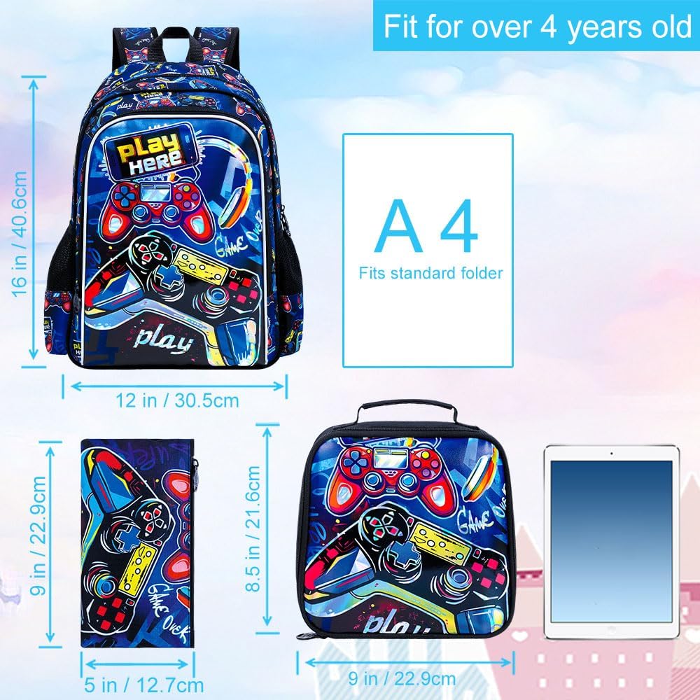 3PCS Dinosaur Backpack for Boys, 16 Inch Kids Water Resistant Preschool Elementary Kindergarten Bookbags and Lunch Box
