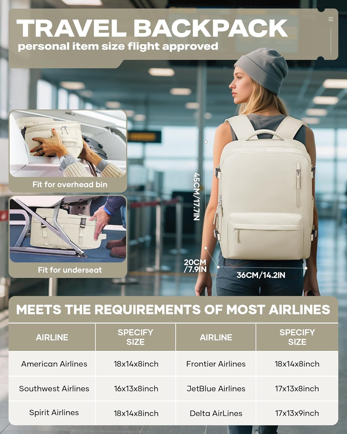 Travel Vacuum Backpack for Women Men, 33L Large Carry on Luggage Spirit United Flight Approved, 18×14×8IN Personal Item Travel Bag with Wet Dry Separation Pocket USB Charging, Beige