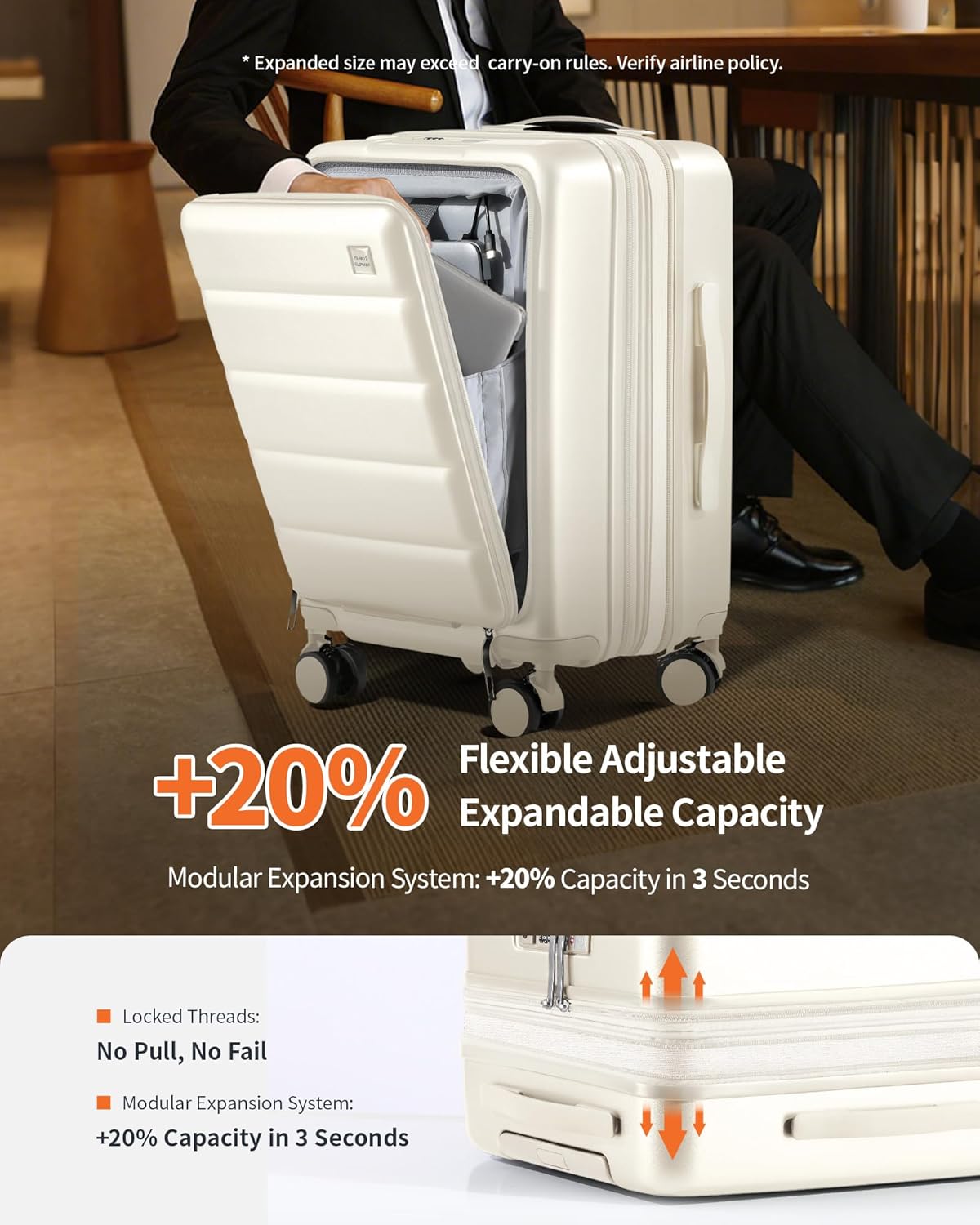 24 Inch Expandable Luggage Check In - Front Pocket Hardside Travel Suitcase Unbreakable -with Cup Holder,USB Charge,Side Pothook, 360°Spinner Wheels, TSA Lock, White