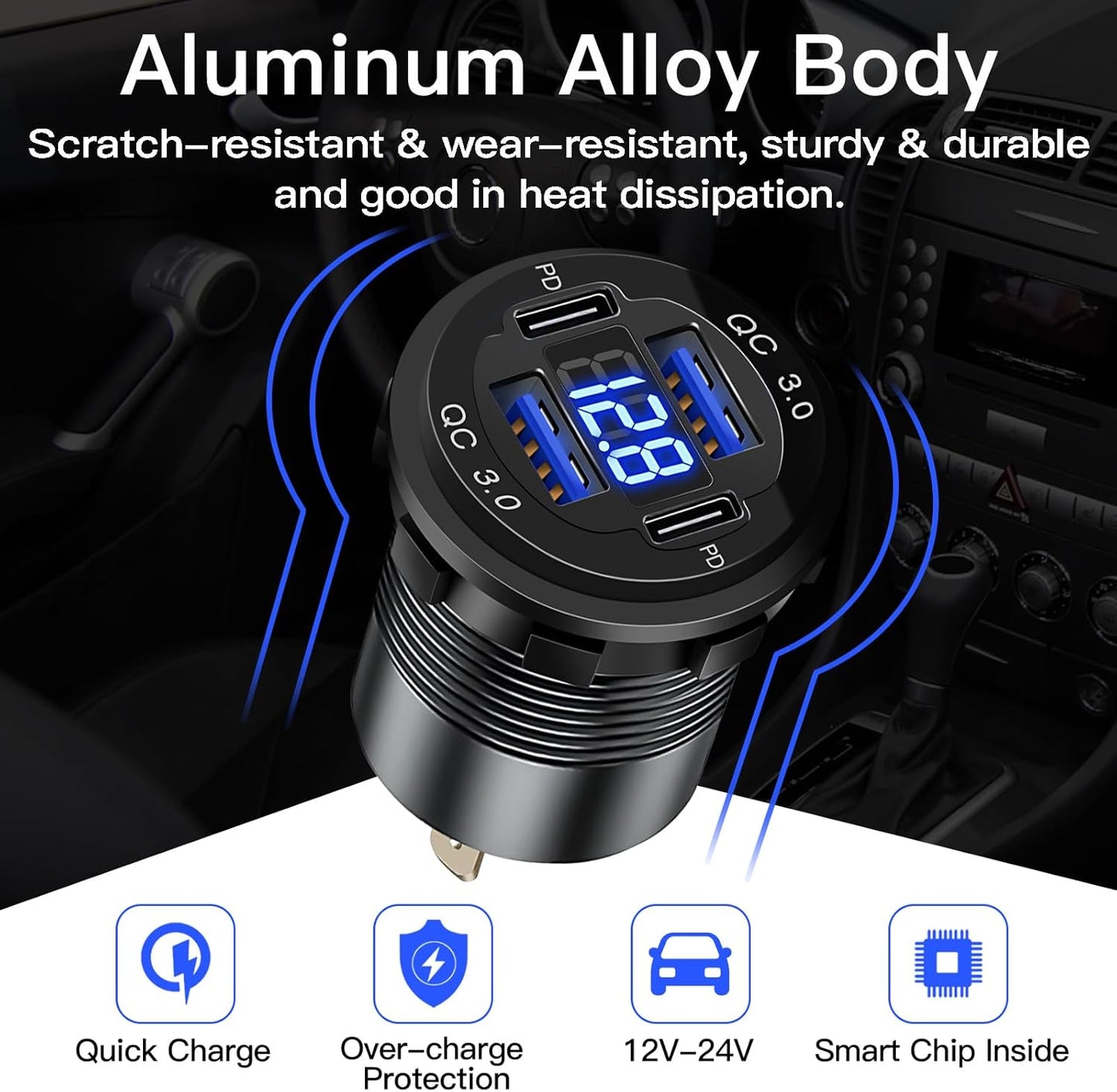 4 Ports 12V USB Output Aluminum 78W Dual PD and QC Multi Port USB C Car Charger with Voltmeter, Cigarette Lighter Replacement 12V USB Plug for Marine Boat, Motorcycle,
