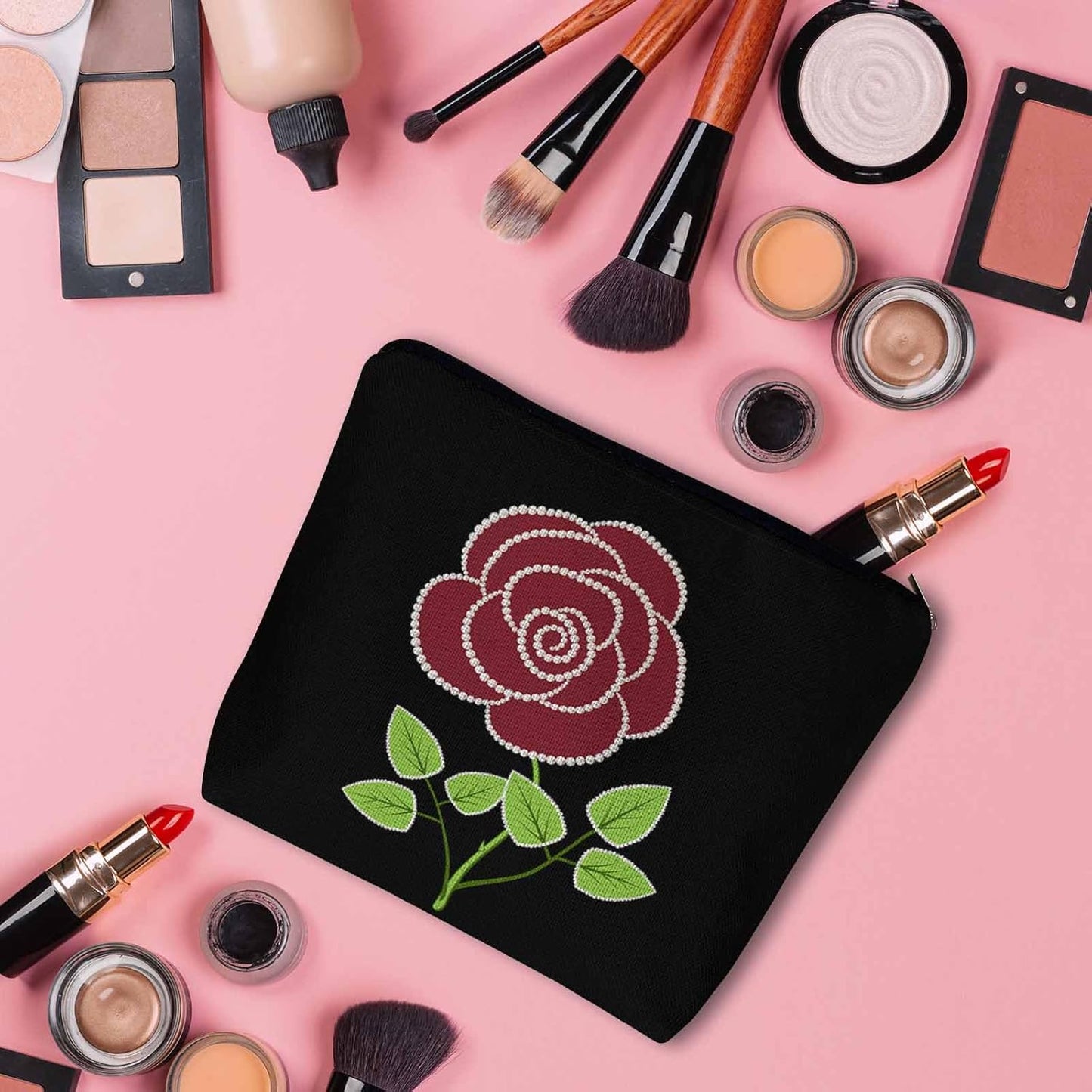 Women Cosmetic Bag Rose Pearl, Elegant Rose Beads Red Cute Makeup Bag For Purse Cosmetic Travel Bag For Toiletries Makeup Storage Bag Flax Skincare Bag Make Up Pouch Bags