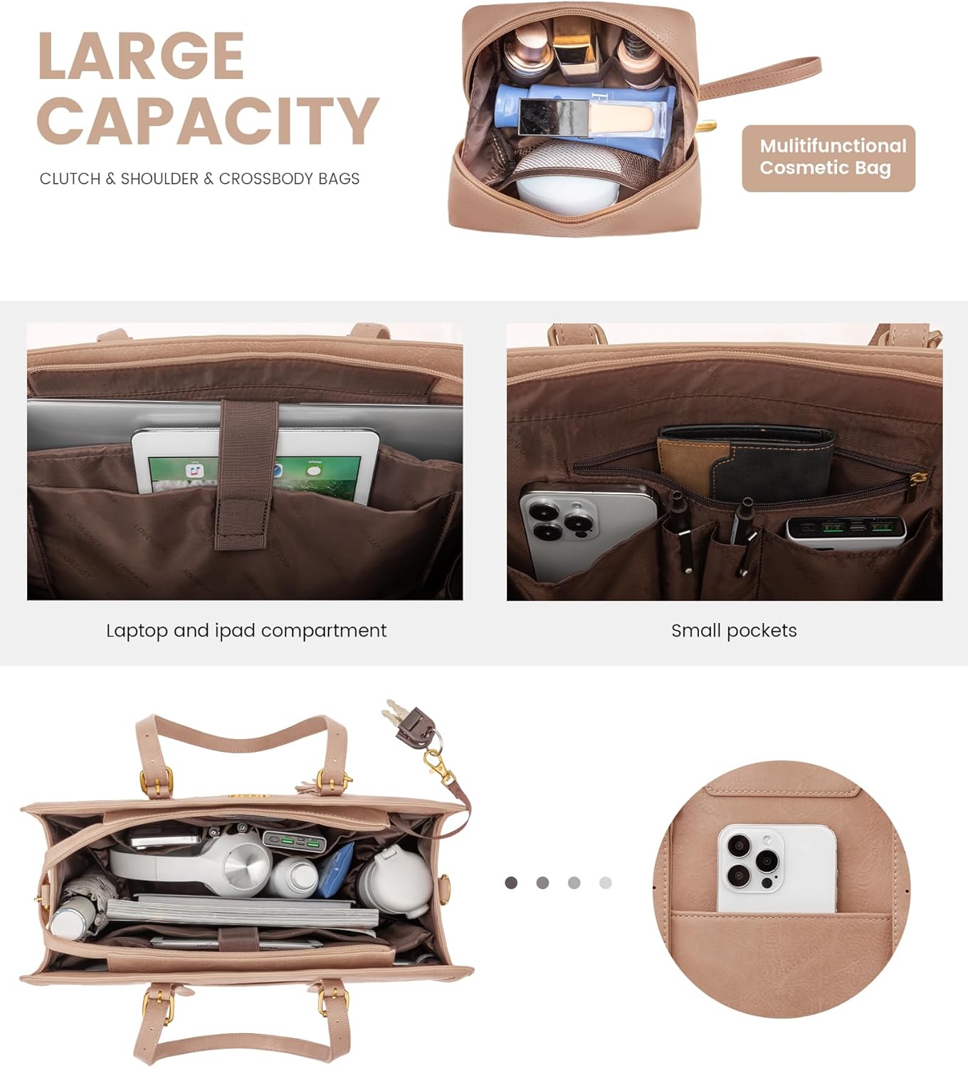 LOVEVOOK Laptop Bag for Women Vintage Leather Work Tote 15.6 inch Large Capacity Computer bag with Clutch Purse for Office, Travel, School, Casual