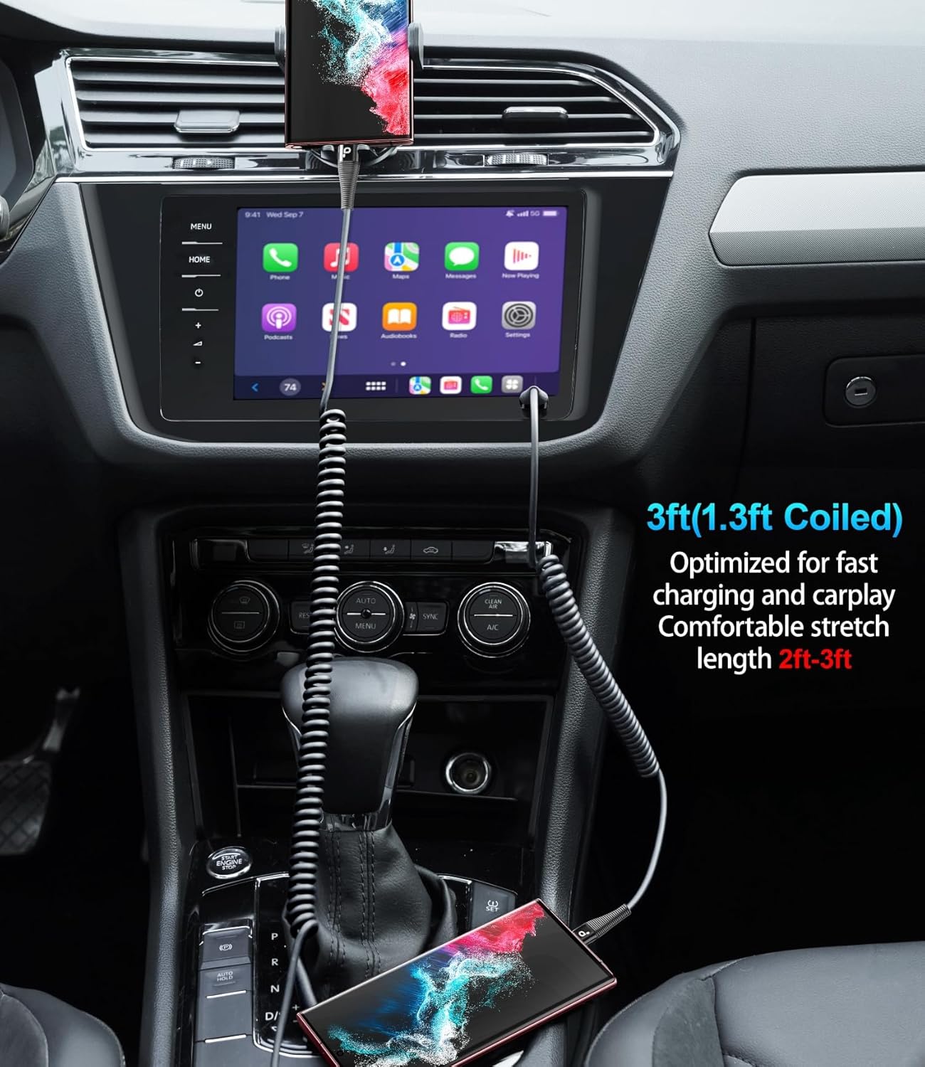 USB C to C Cable 3FT for Car, Coiled USB C Cable Fast Charging for iPhone 16, Short USB Type C Cable for iPhone 17/16/15/Pro Max/Plus/Samsung Galaxy S23, Compatible All Type C Devices-Black