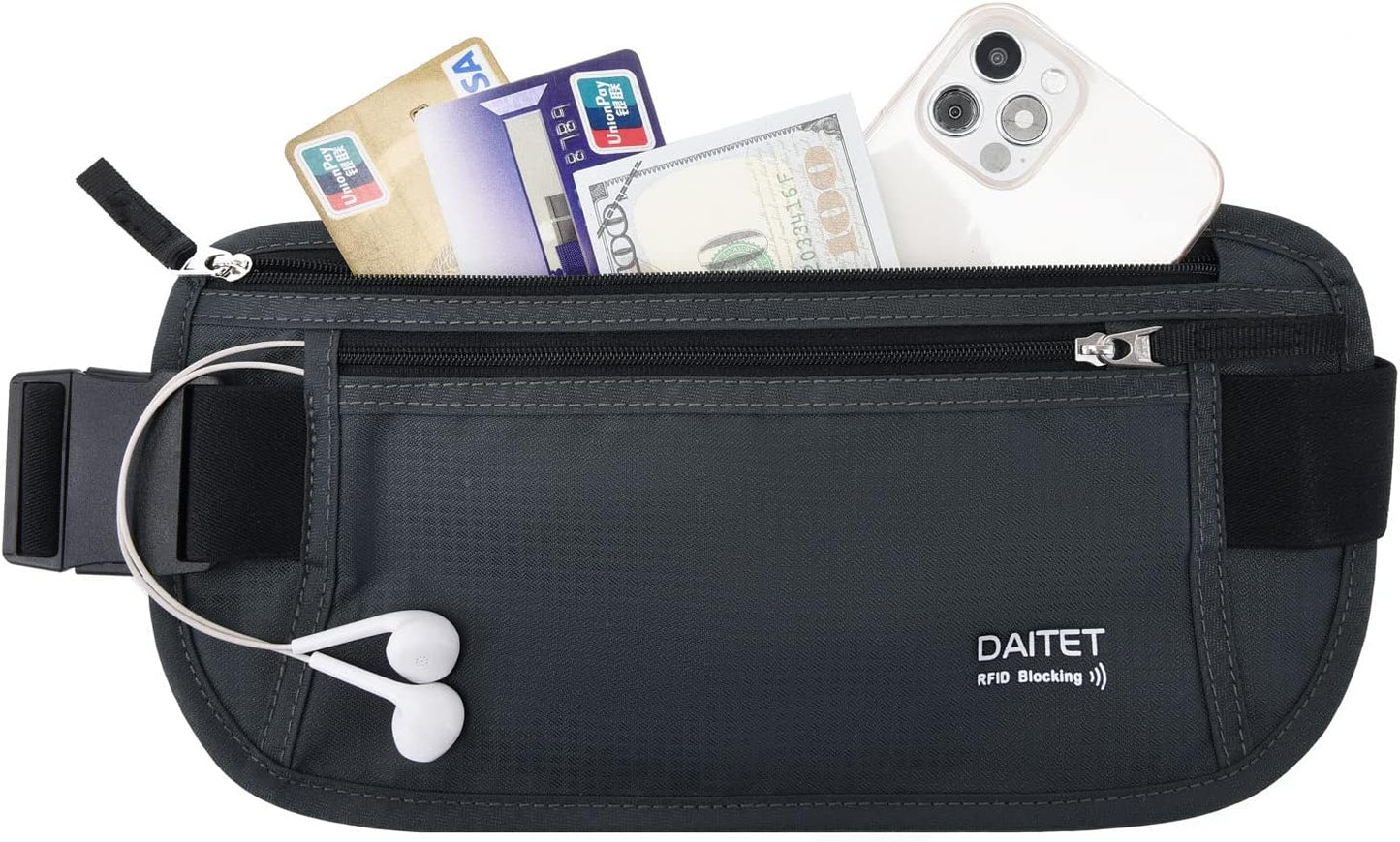RFID Blocking Money Belt for Men Women, Slim Fanny Pack for Travel，Running,Conceal Waist Wallet for Passport Holder,Phone,Cash(Black Dark Grey)