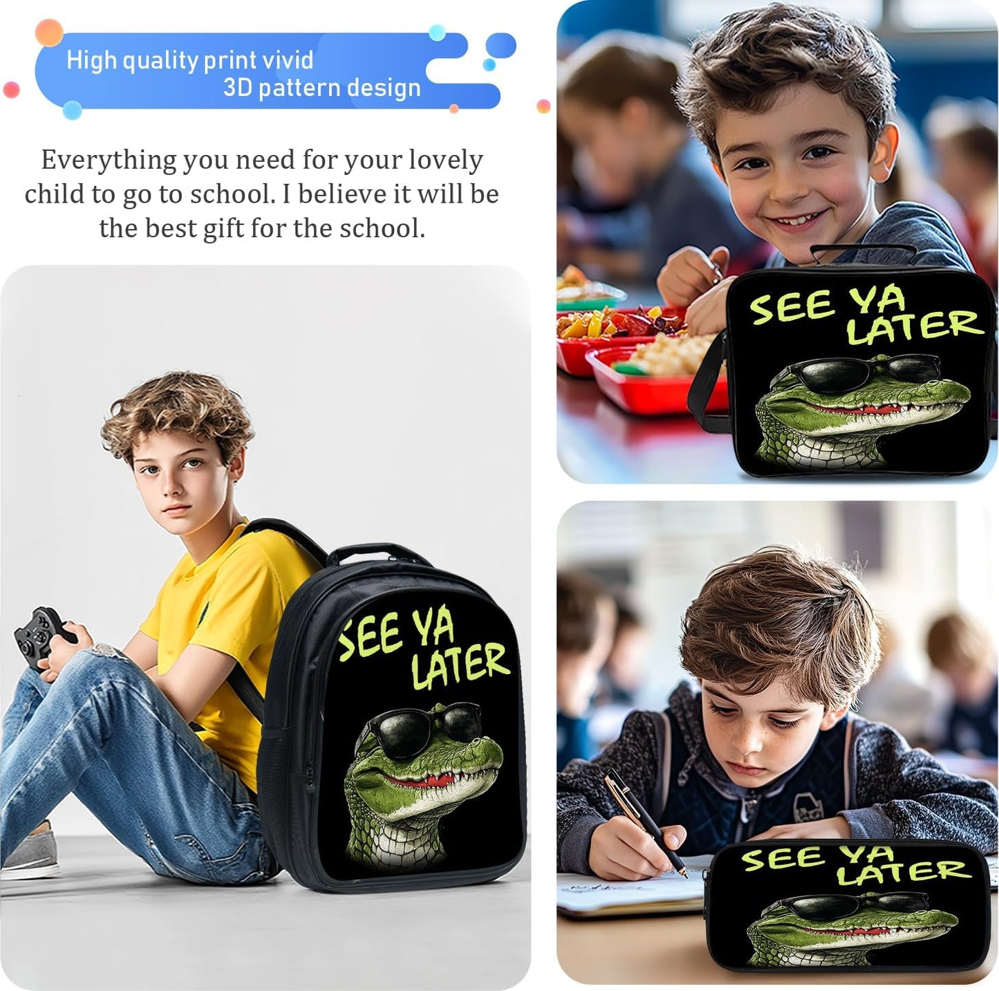 Funny Crocodile Backpack Cool School Bag 3PCS Backpack 16 Inch with Lunch Bag Set Lightweight for Teen Boys Girls Kids Elementary Middle School