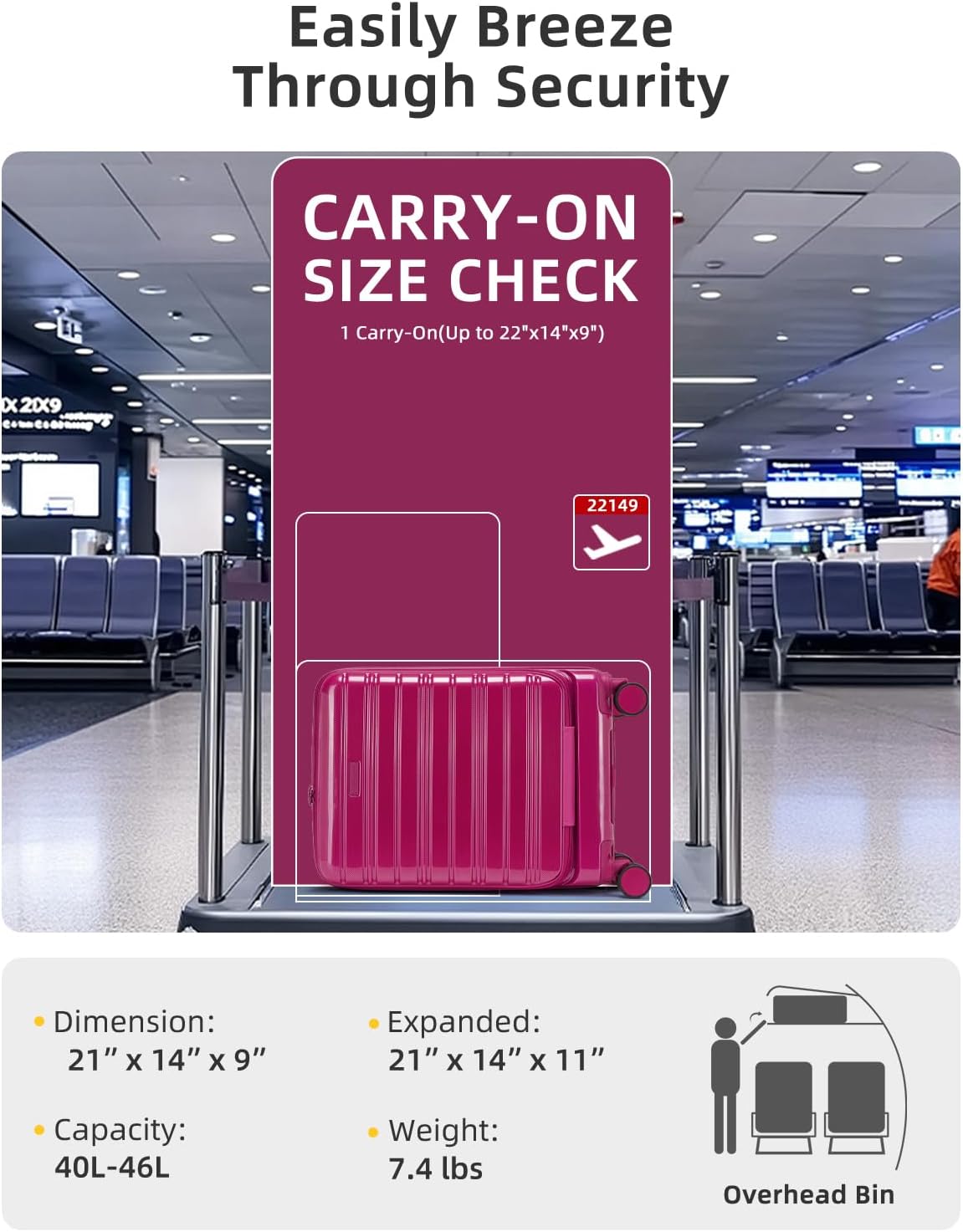 LARVENDER Carry On Luggage 22x14x9 Airline Approved, 20 Inch Expandable PC+ABS Hardside Carry On Luggage with Front Pocket Spinner Wheels TSA Lock for Women Men (Very Berry)
