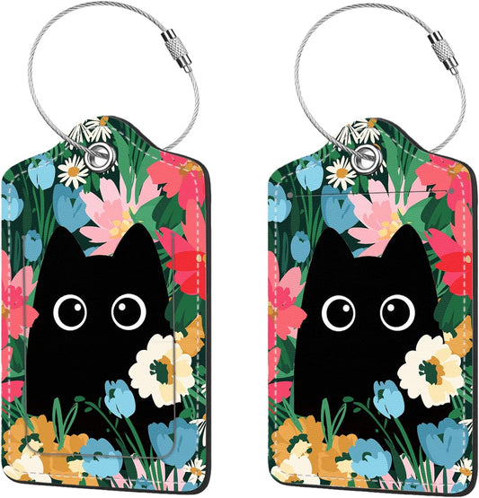2 Pcs Luggage Tags for Suitcase, Cute Unique PU Leather Travel Bag Tag with Privacy Cover ID Label Address Card and Durable Metal Ring Suitable for Men Women Children Backpack,Flower and Black Cat