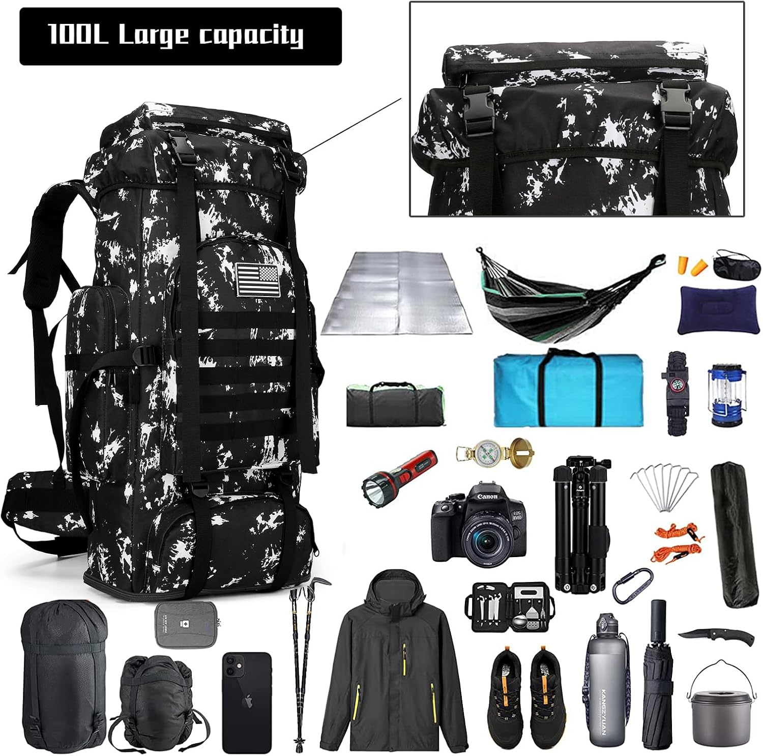 Hiking Backpack for Men 70L/100L Camping Backpack Military Rucksack Molle 3 Days Assault Pack for