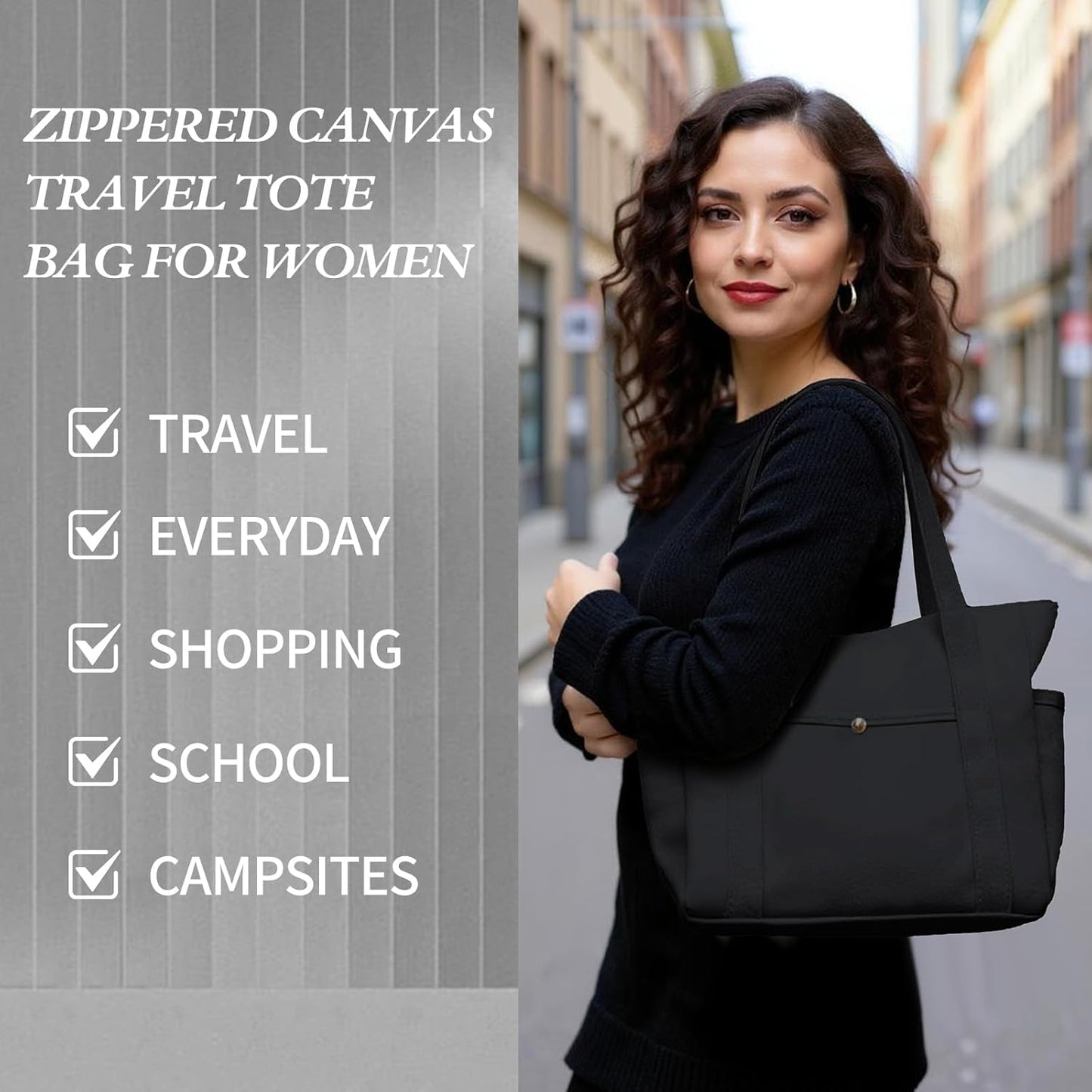 MeZQ Zippered Canvas Utility & Travel Tote Bag for Women - Multi-Pocket Compartments | car bag hooks,makeup bag,car hooks