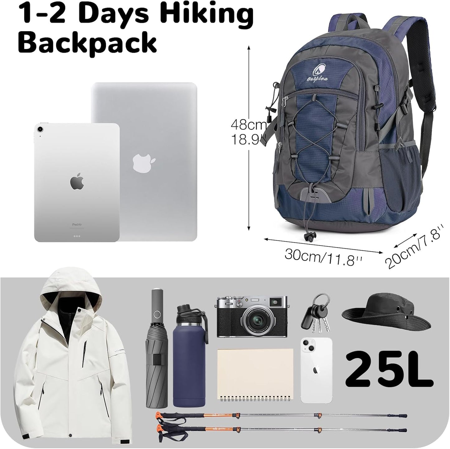 25L Small Hiking Backpack Daypack with Chest Strap for Men Women, Waterproof Travel Backpack, Blue