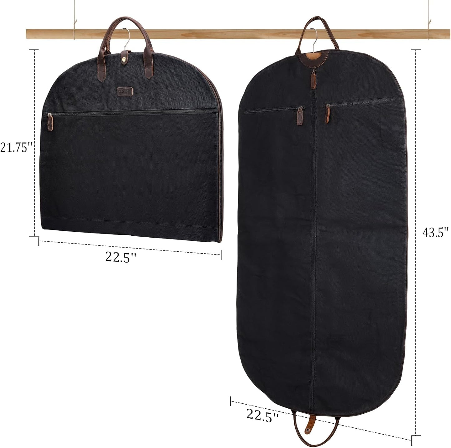 Polare 43” Waxed Canvas Full Grain Leather Trim Carry On Garment Bag for Travel, Waterproof Dust-Proof Foldable Hanging Suitcase Weekender Garment Cover with YKK Zipper (Black)