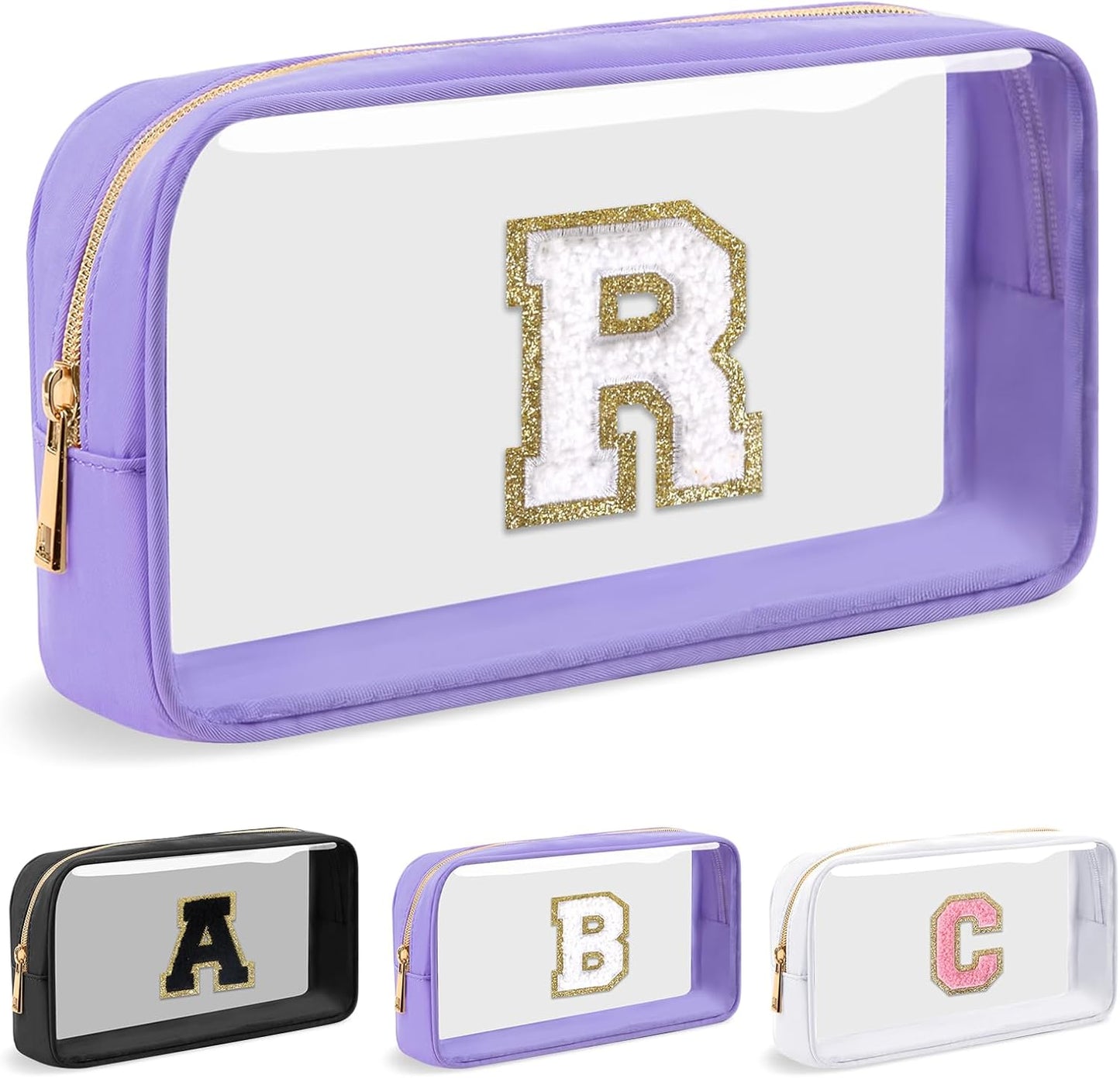 Personalized Initial Letter Clear Makeup Bag,Preppy Small Nylon&PVC Cosmetic Zipper Bag with Chenille Letter,Travel Skincare Toiletry Bag,Monogram Christmas Gift for Teen Girls Women,R
