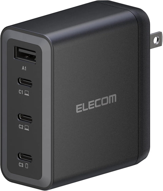 ELECOM 150W USB C Wall Charger Block, 4 Multi Port GaN II Smart PD, Ultra-Fast Charging, Compact Power Adapter for Multiple Devices, Laptops, Tablets, iPhone, iPad, Watch, Speakers, Airpods - Black